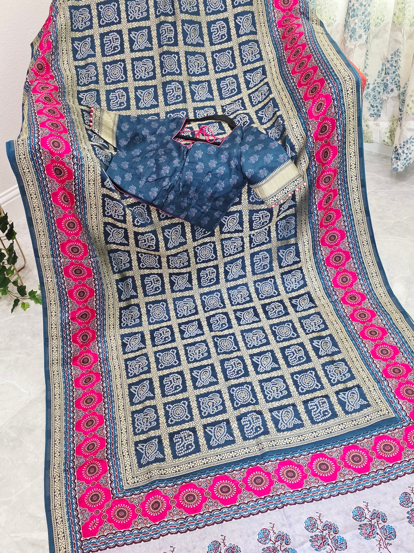 Indigo Noir & Rani Pink Fusion Bandhani Gharchola Checks Designer Saree with Stitched Blouse