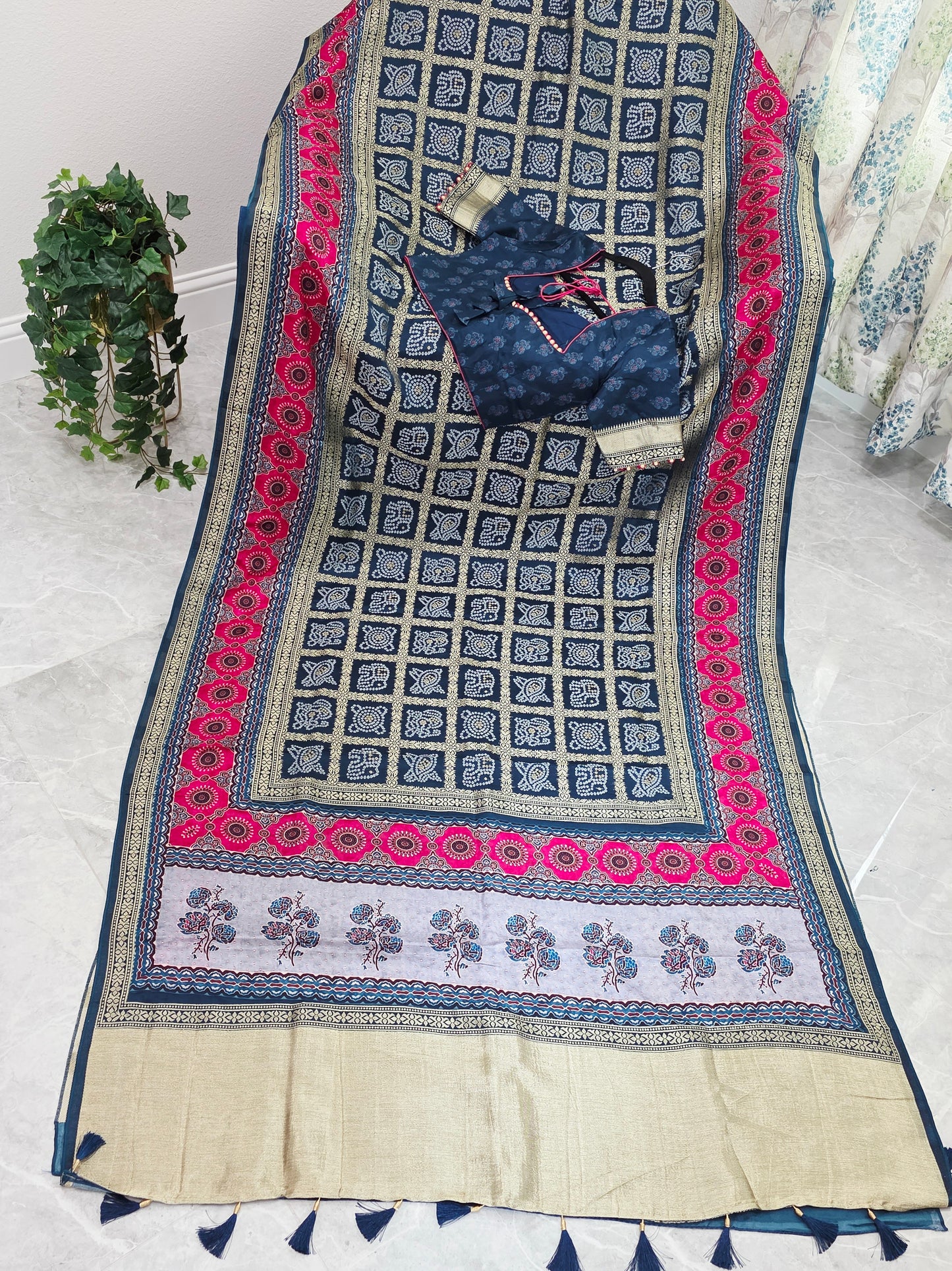 Indigo Noir & Rani Pink Fusion Bandhani Gharchola Checks Designer Saree with Stitched Blouse