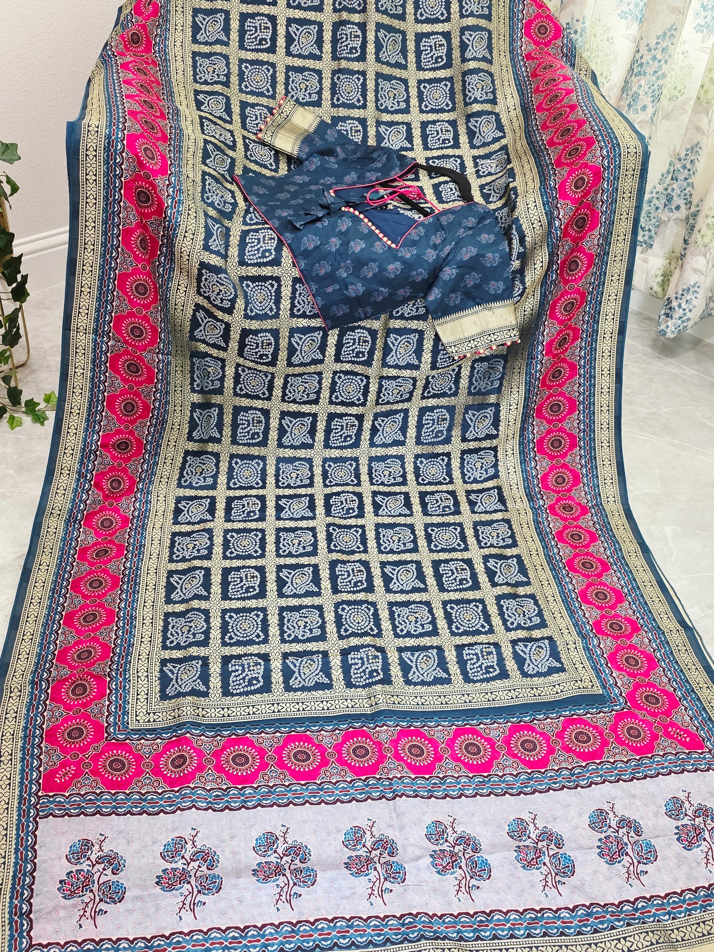 Indigo Noir & Rani Pink Fusion Bandhani Gharchola Checks Designer Saree with Stitched Blouse