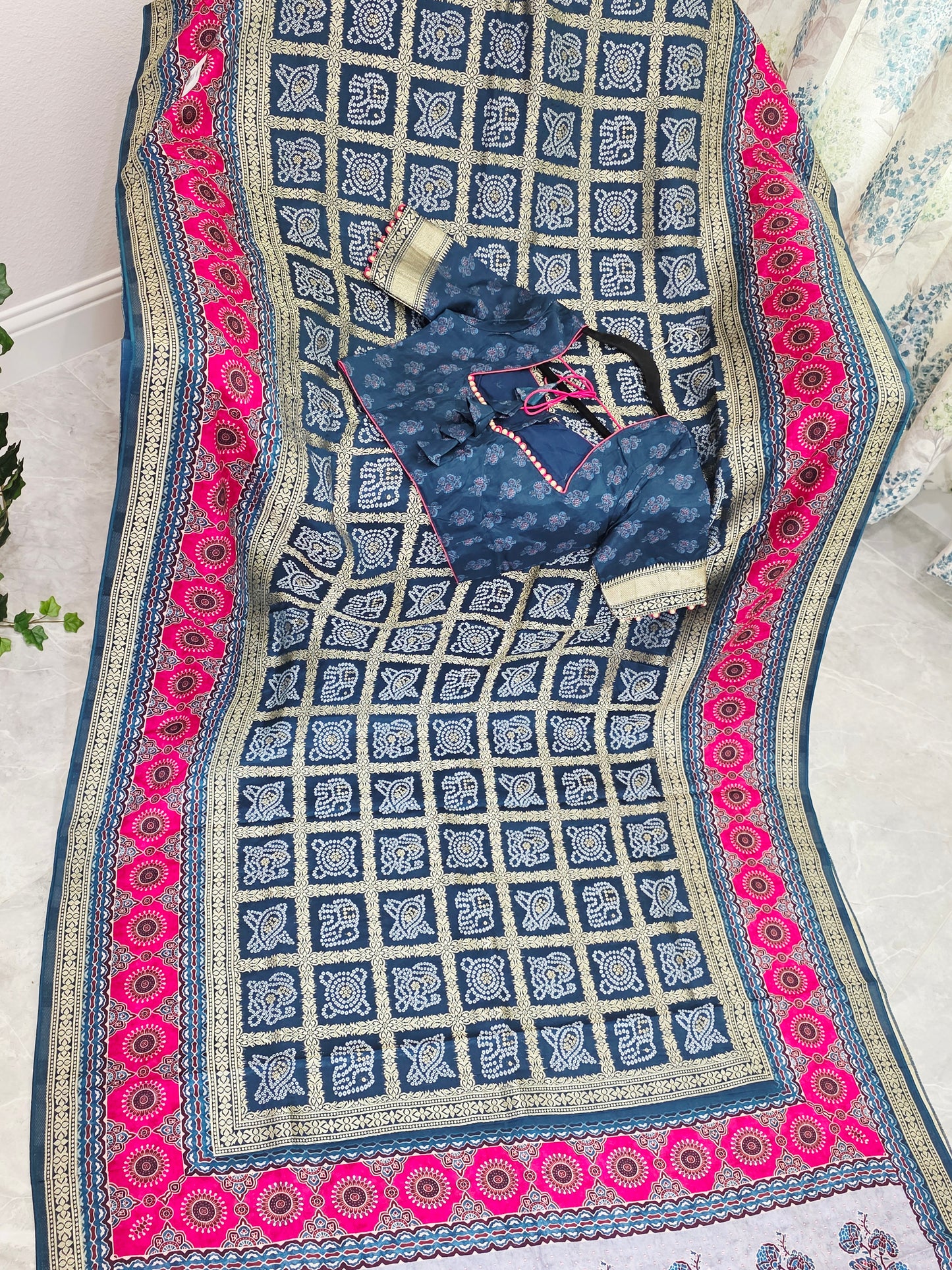 Indigo Noir & Rani Pink Fusion Bandhani Gharchola Checks Designer Saree with Stitched Blouse