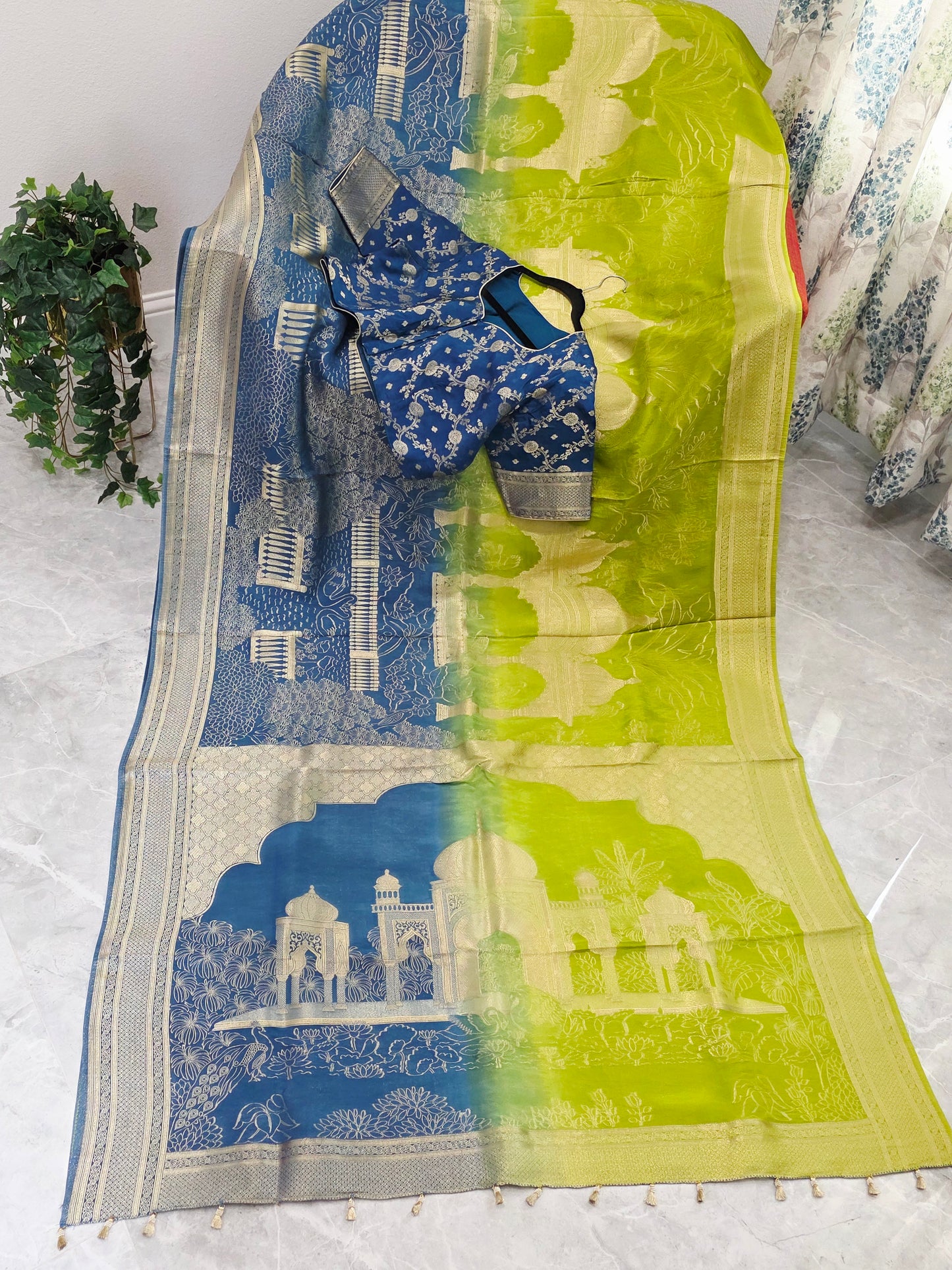 Peacock Blue & Lime Zest Taj Mahal Powerloom Woven Benarasi Silk Saree with Stitched Blouse
