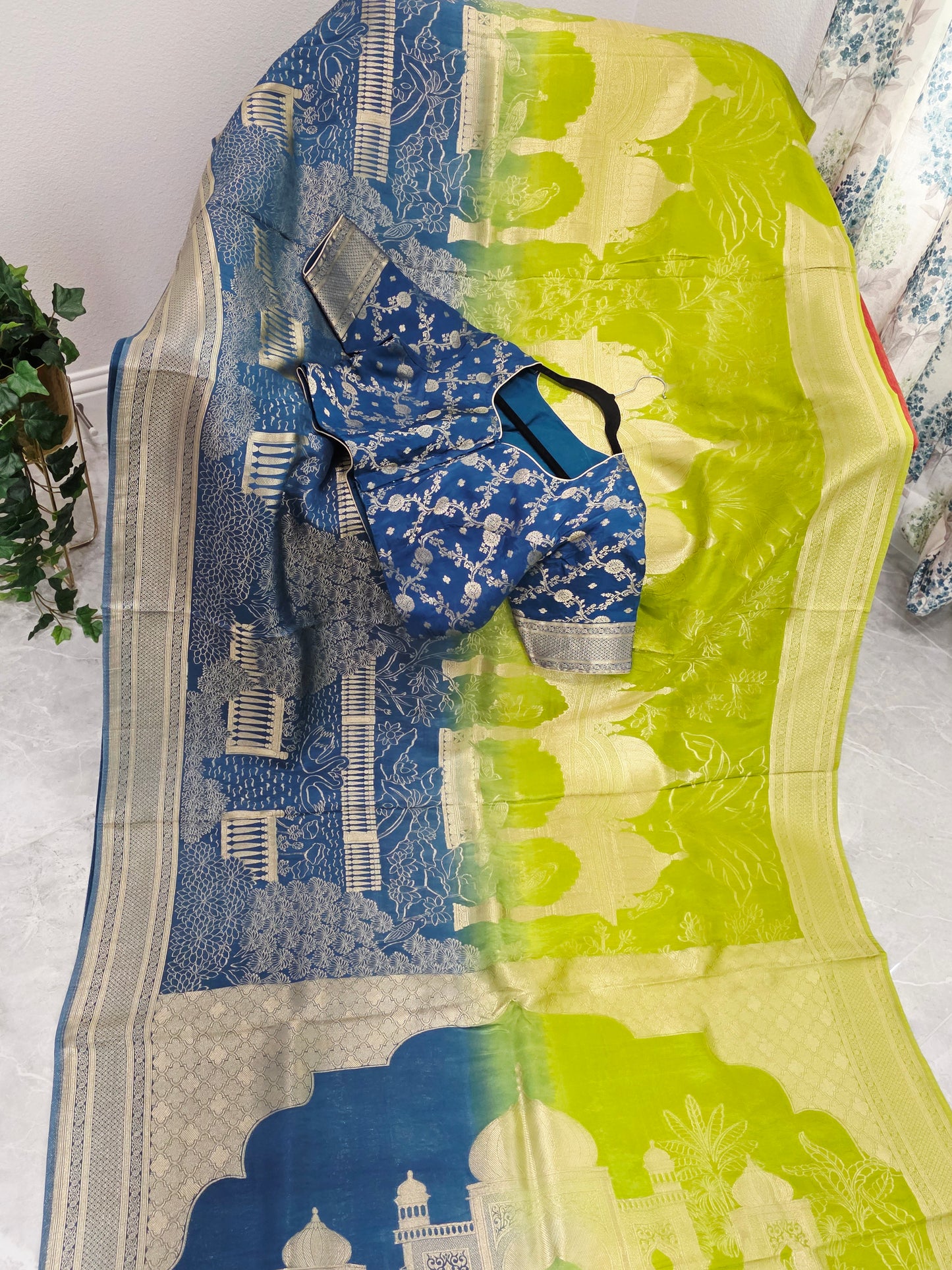 Peacock Blue & Lime Zest Taj Mahal Powerloom Woven Benarasi Silk Saree with Stitched Blouse