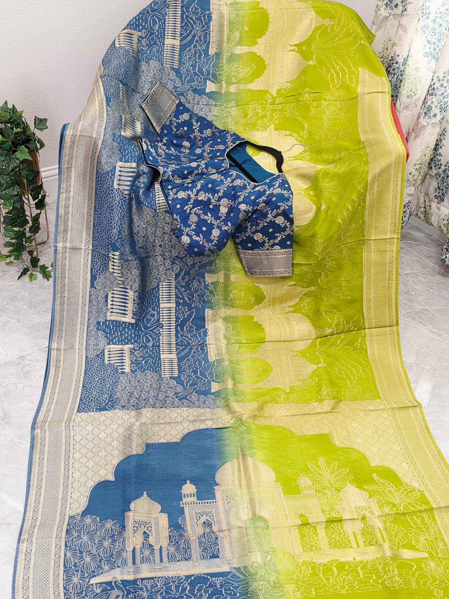 Peacock Blue & Lime Zest Taj Mahal Powerloom Woven Benarasi Silk Saree with Stitched Blouse