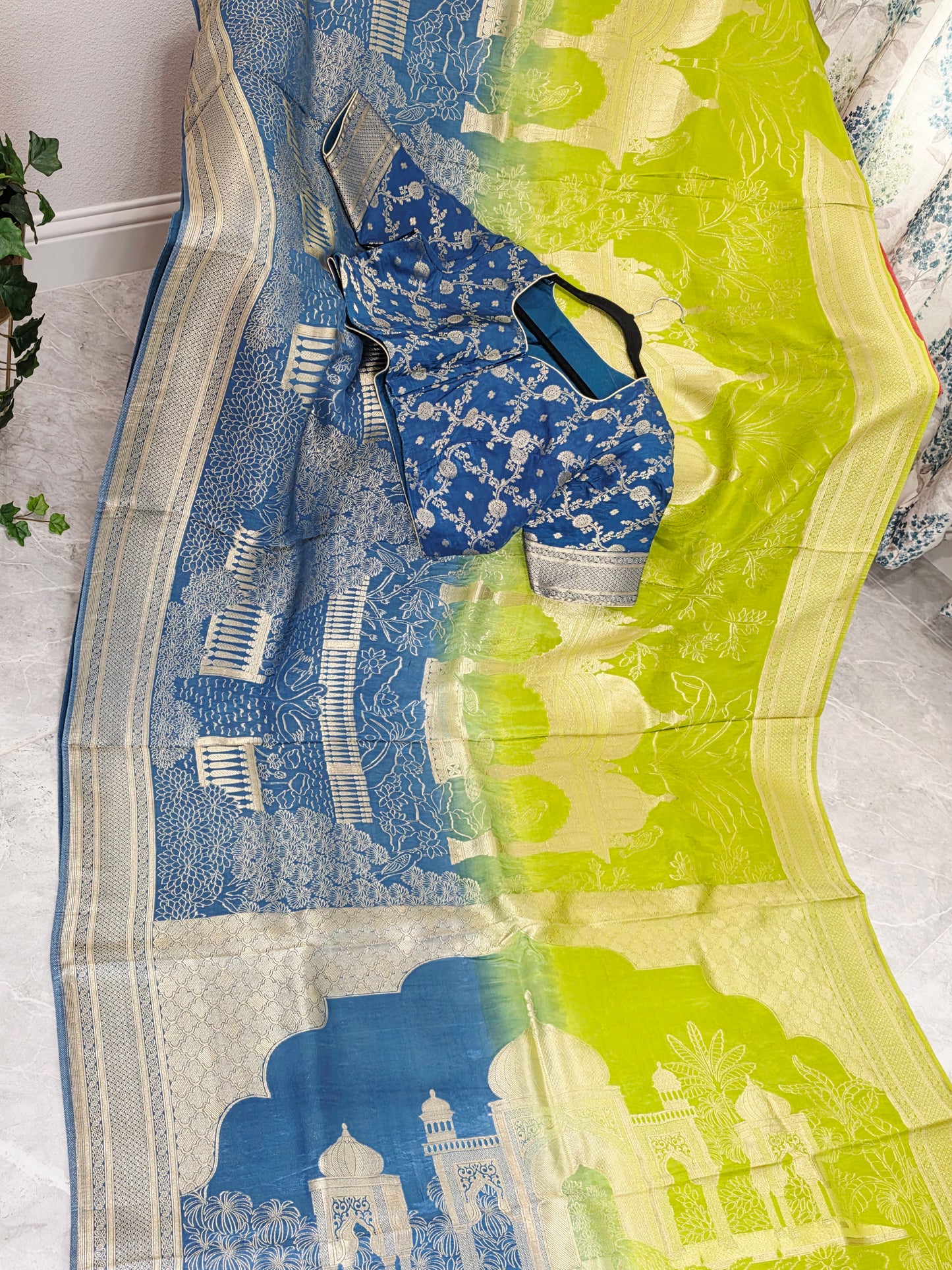 Peacock Blue & Lime Zest Taj Mahal Powerloom Woven Benarasi Silk Saree with Stitched Blouse
