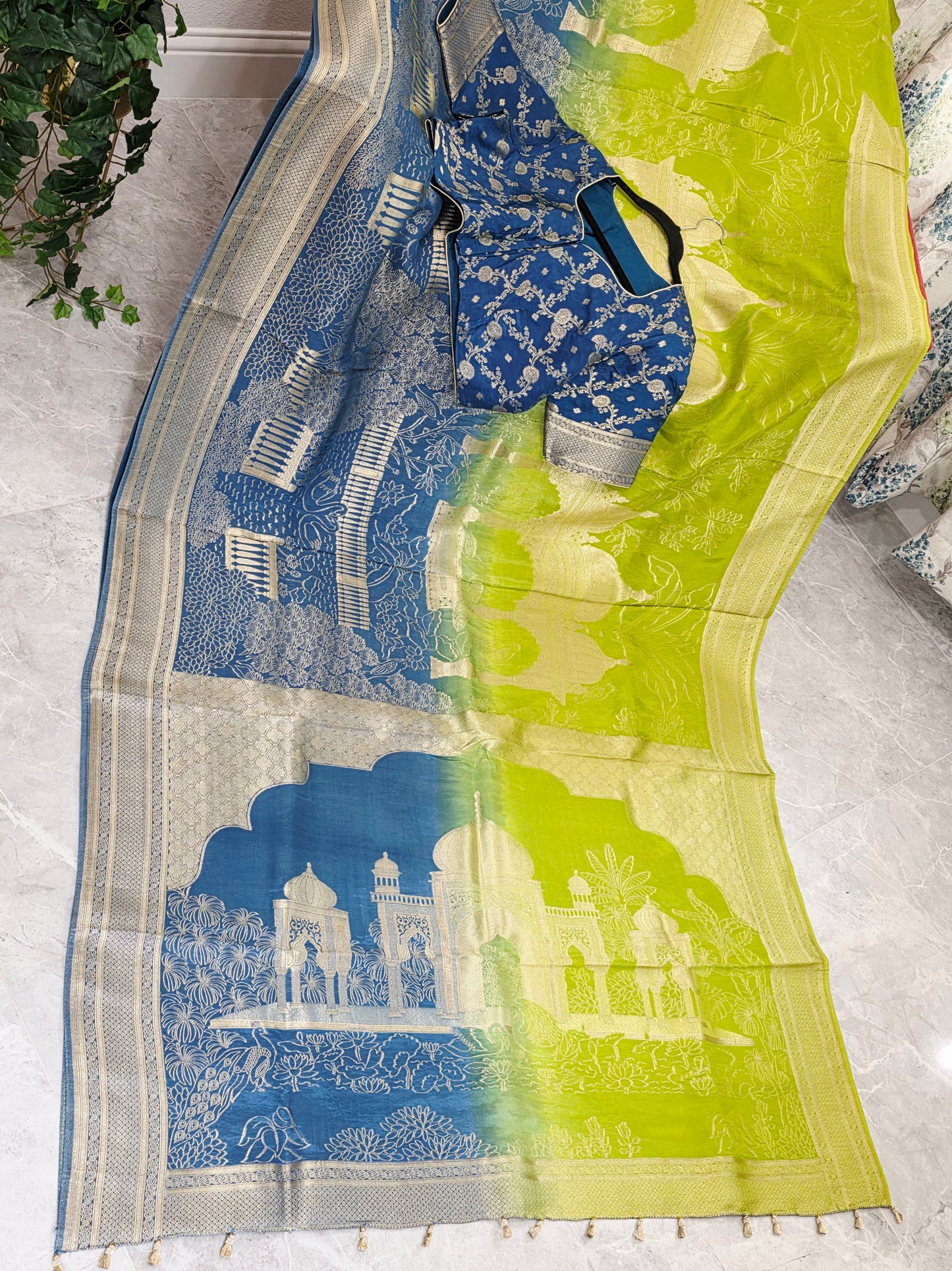 Peacock Blue & Lime Zest Taj Mahal Powerloom Woven Benarasi Silk Saree with Stitched Blouse