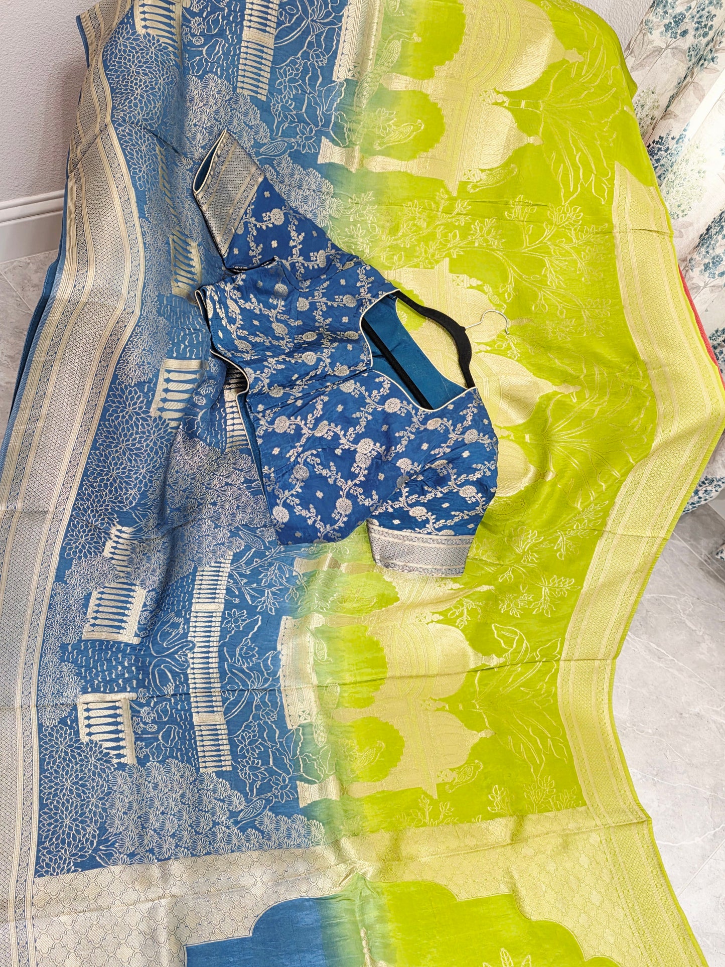 Peacock Blue & Lime Zest Taj Mahal Powerloom Woven Benarasi Silk Saree with Stitched Blouse