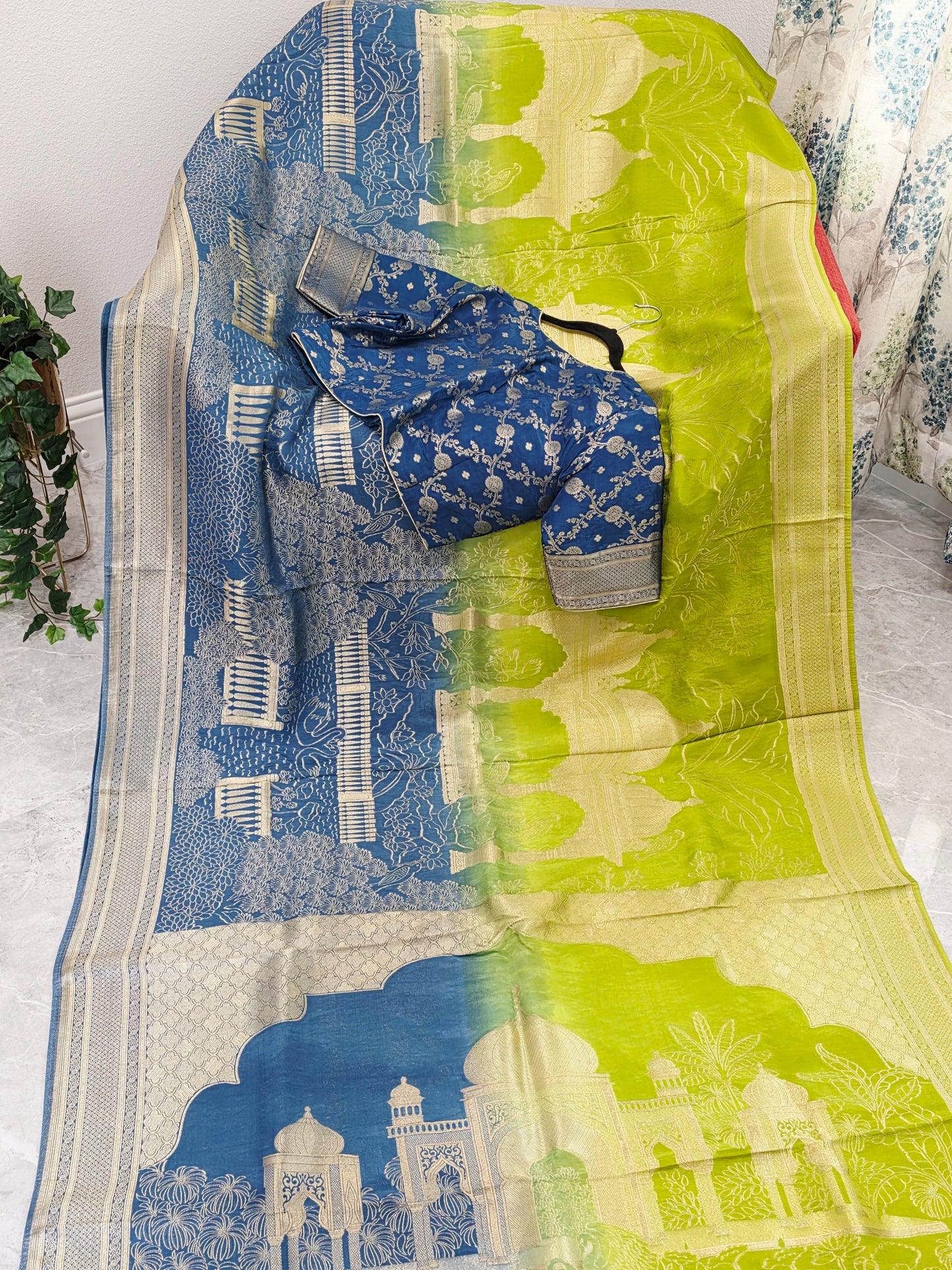 Peacock Blue & Lime Zest Taj Mahal Powerloom Woven Benarasi Silk Saree with Stitched Blouse
