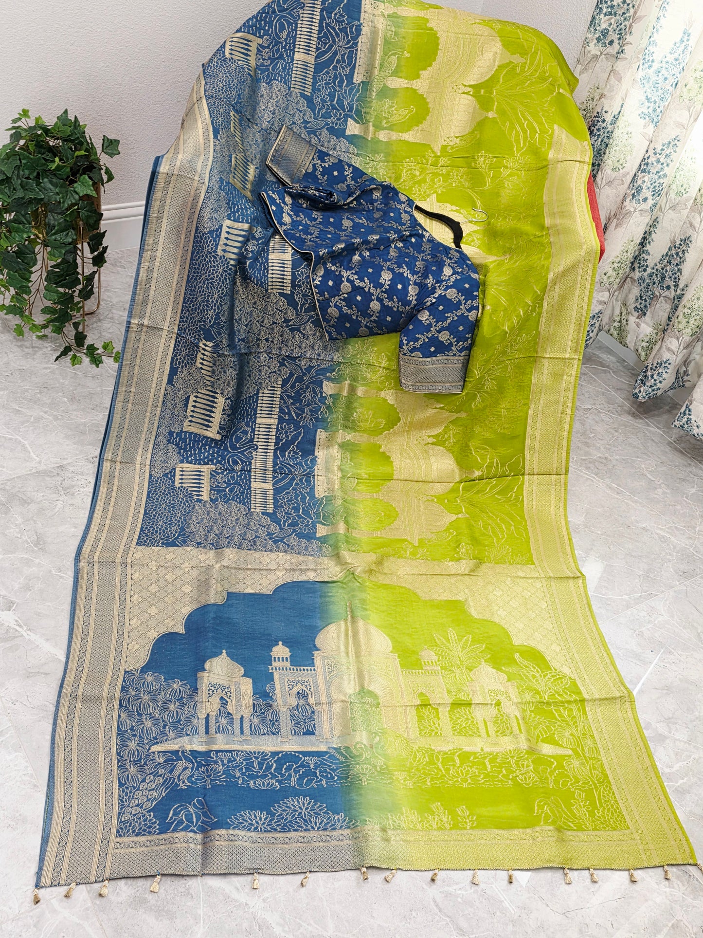 Peacock Blue & Lime Zest Taj Mahal Powerloom Woven Benarasi Silk Saree with Stitched Blouse