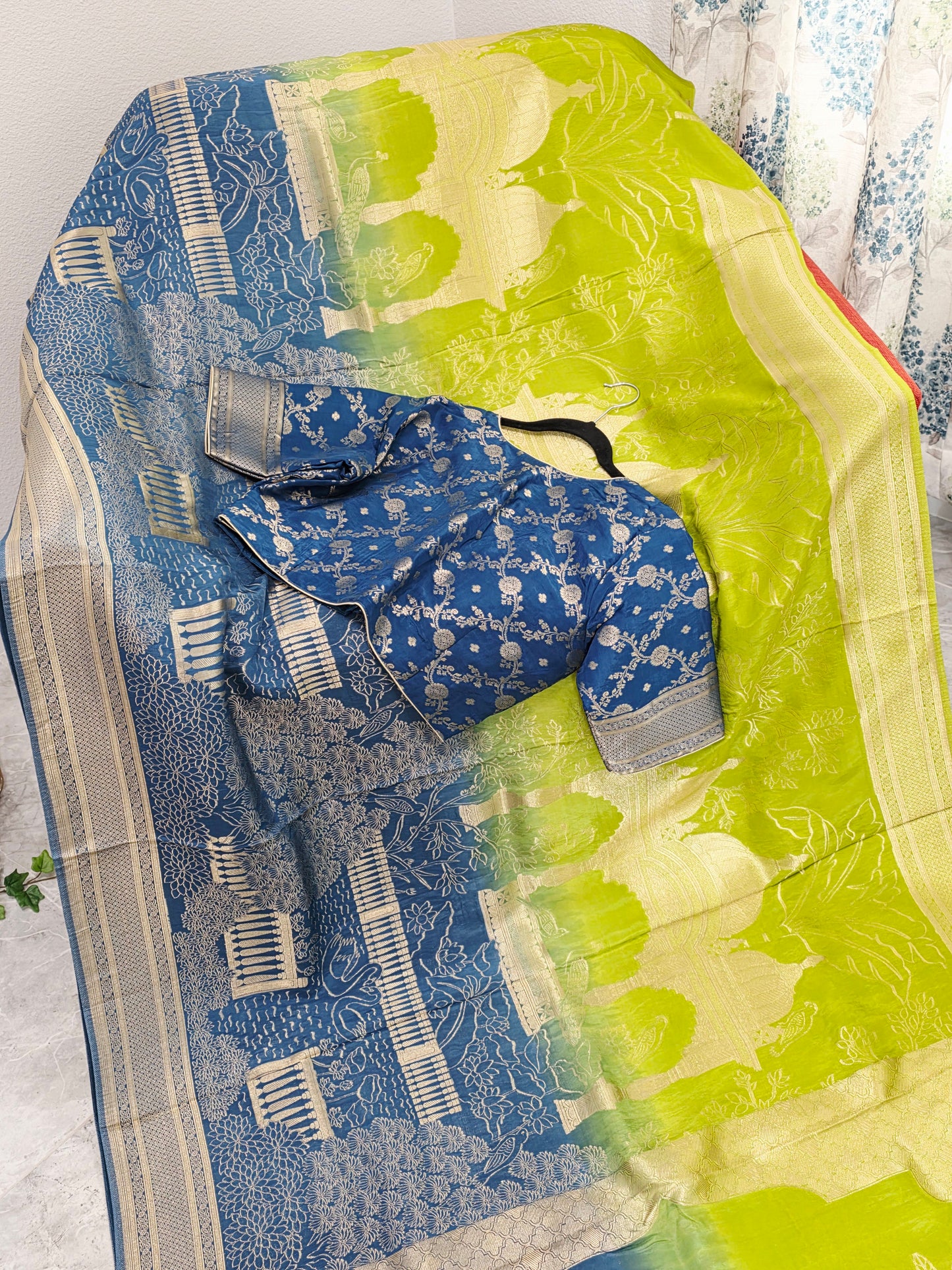 Peacock Blue & Lime Zest Taj Mahal Powerloom Woven Benarasi Silk Saree with Stitched Blouse