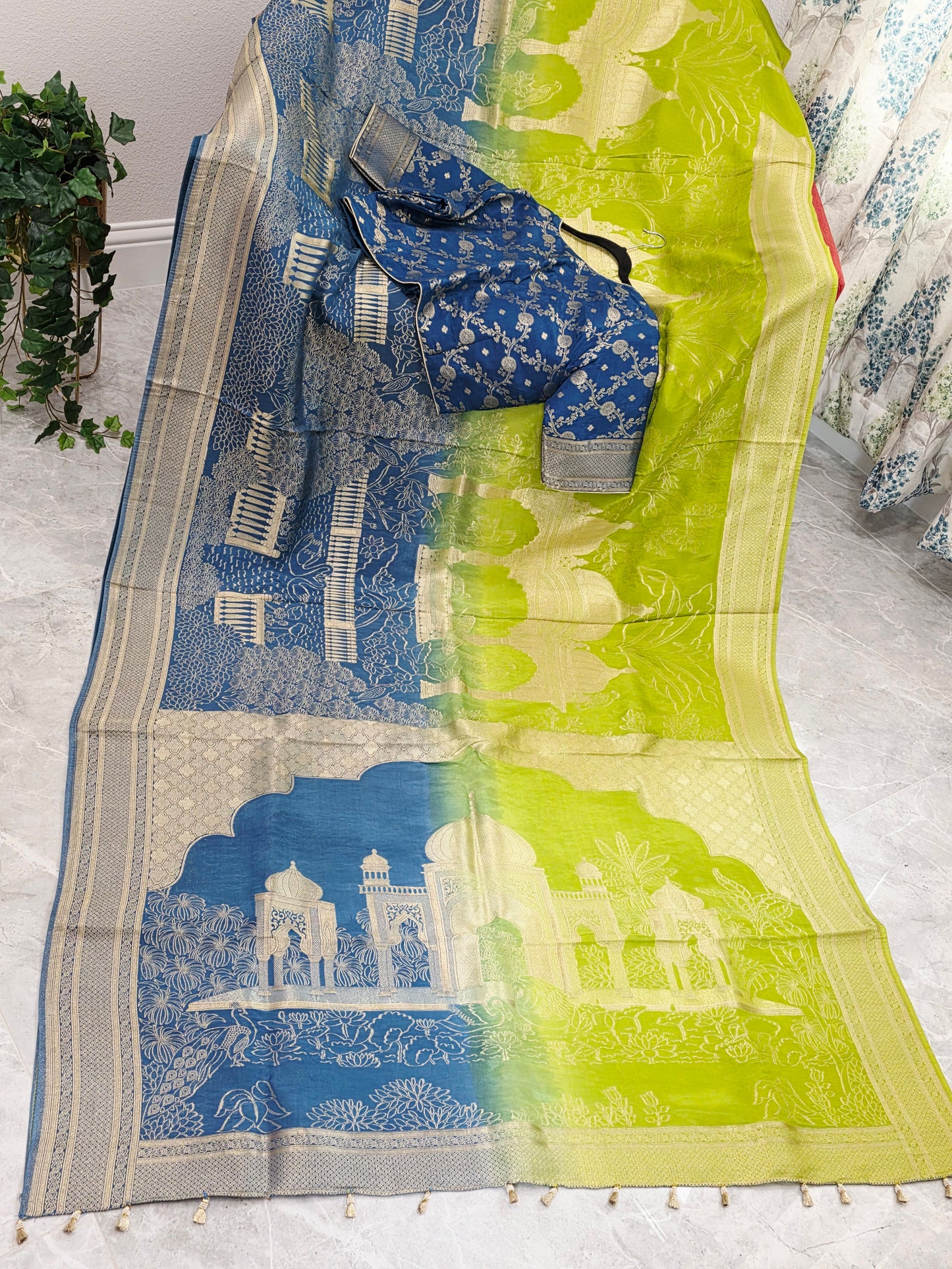 Peacock Blue & Lime Zest Taj Mahal Powerloom Woven Benarasi Silk Saree with Stitched Blouse