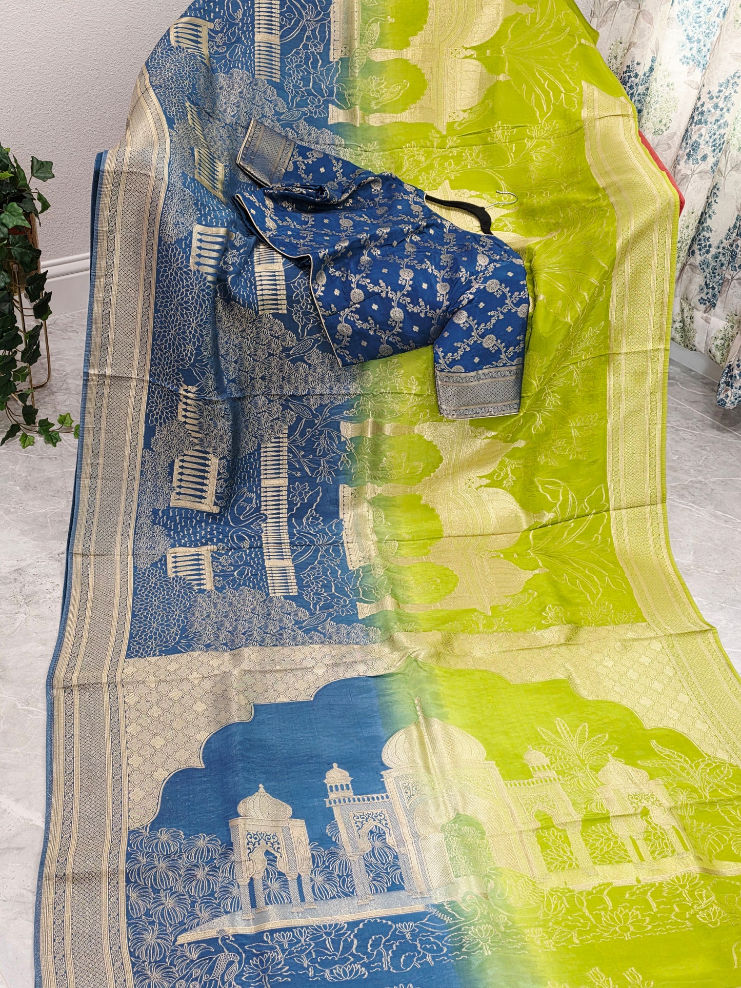 Peacock Blue & Lime Zest Taj Mahal Powerloom Woven Benarasi Silk Saree with Stitched Blouse