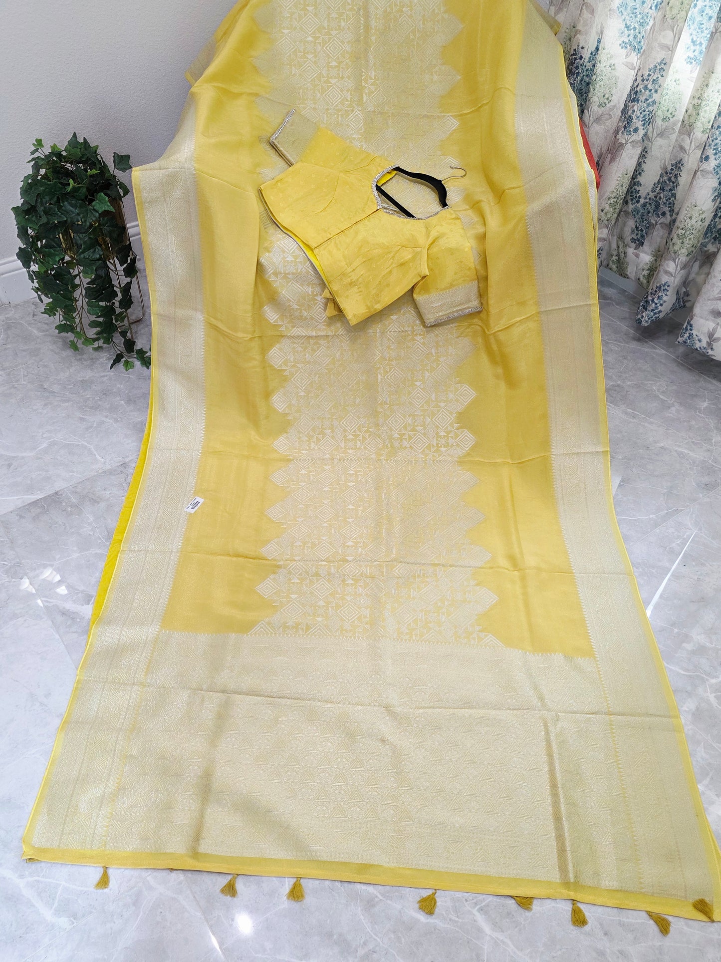 Butter Yellow Geometry Soft Tissue Saree with Stitched Blouse