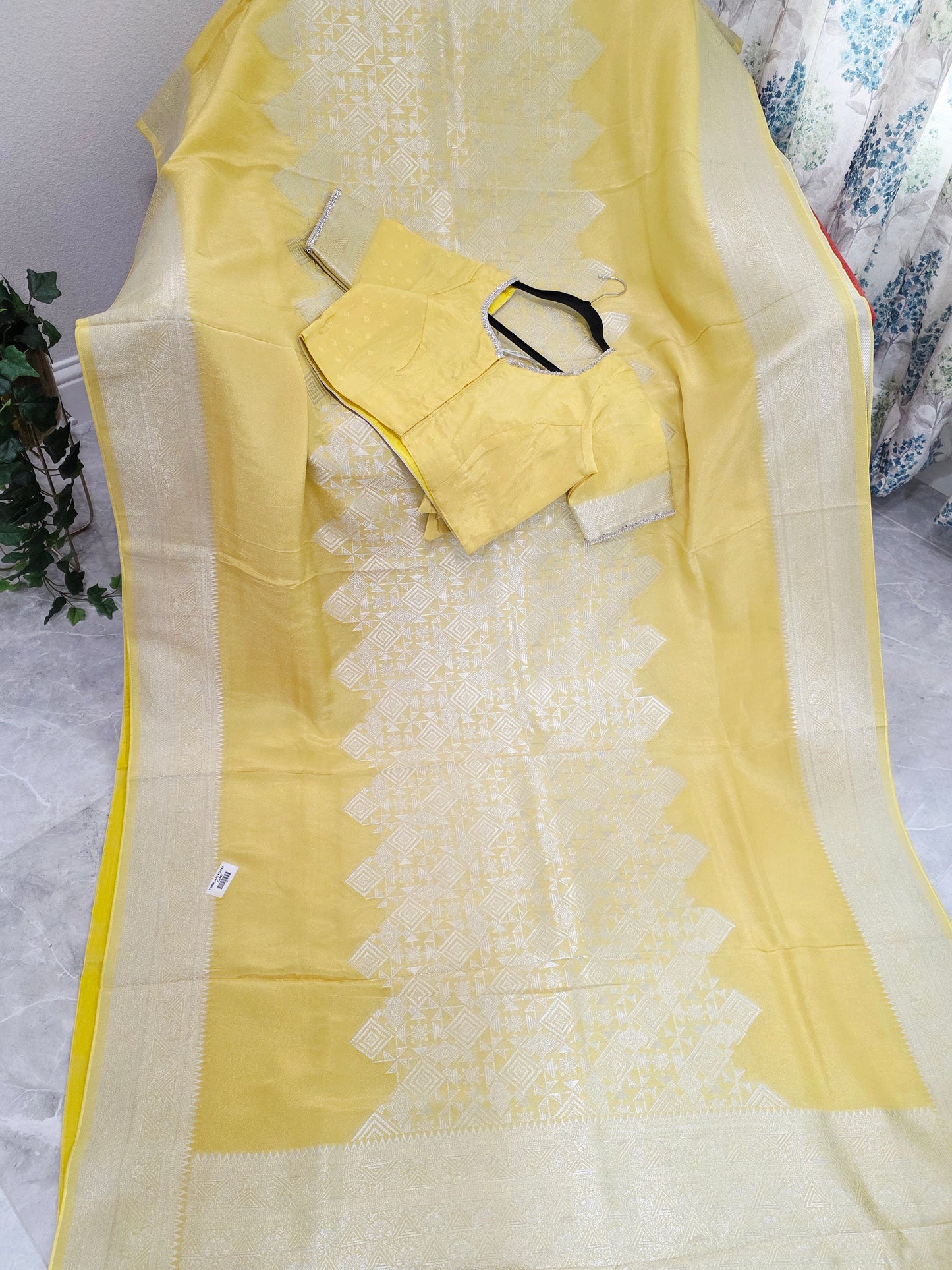 Butter Yellow Geometry Soft Tissue Saree with Stitched Blouse
