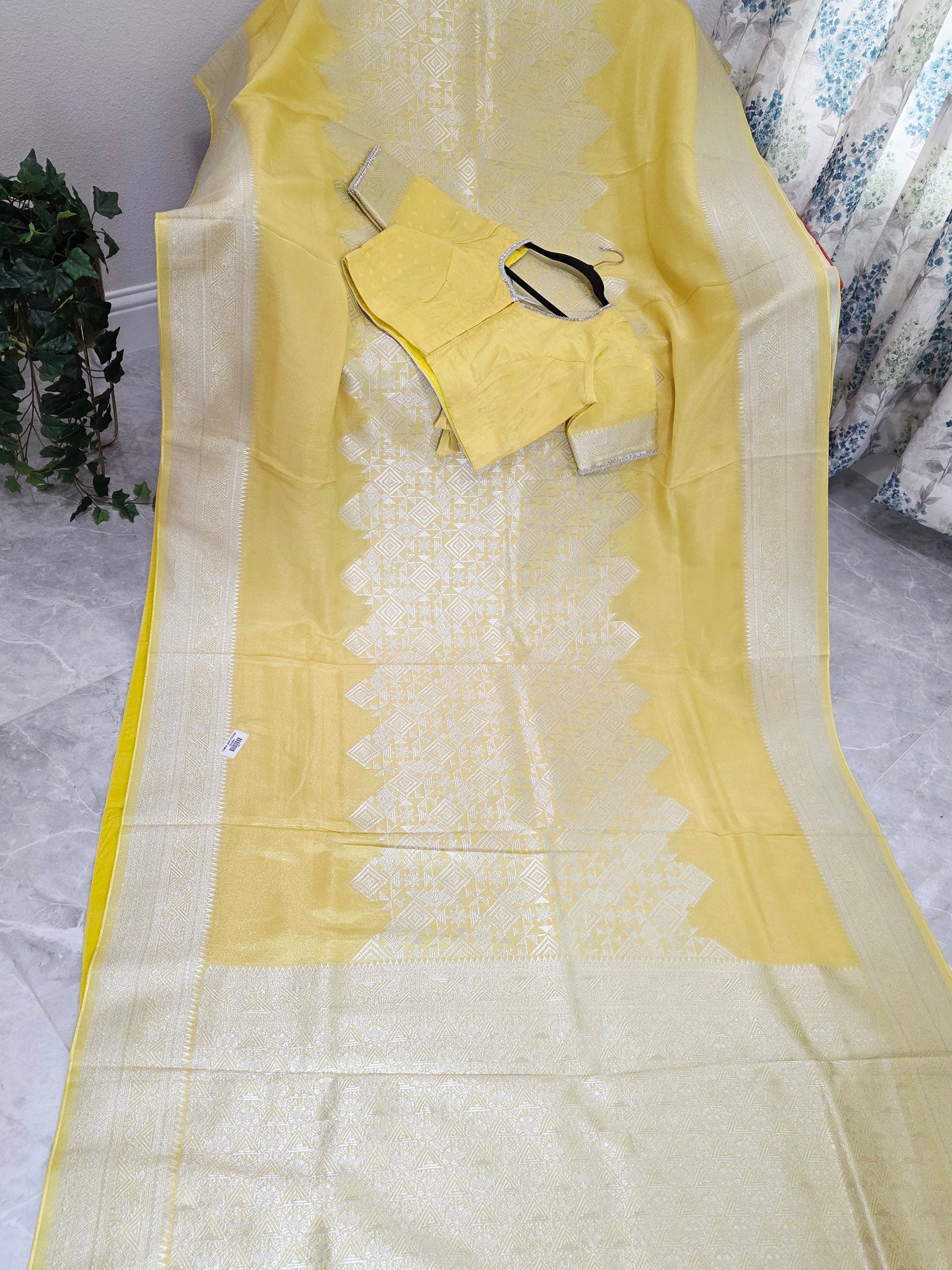 Butter Yellow Geometry Soft Tissue Saree with Stitched Blouse