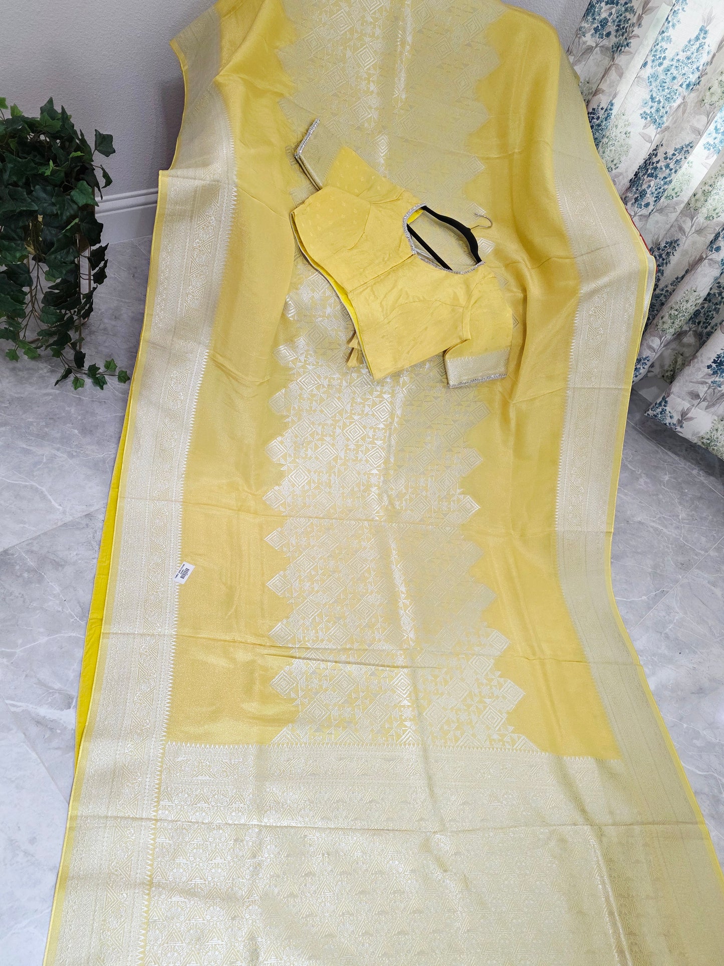 Butter Yellow Geometry Soft Tissue Saree with Stitched Blouse
