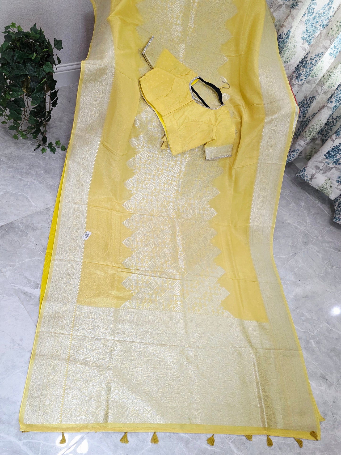 Butter Yellow Geometry Soft Tissue Saree with Stitched Blouse