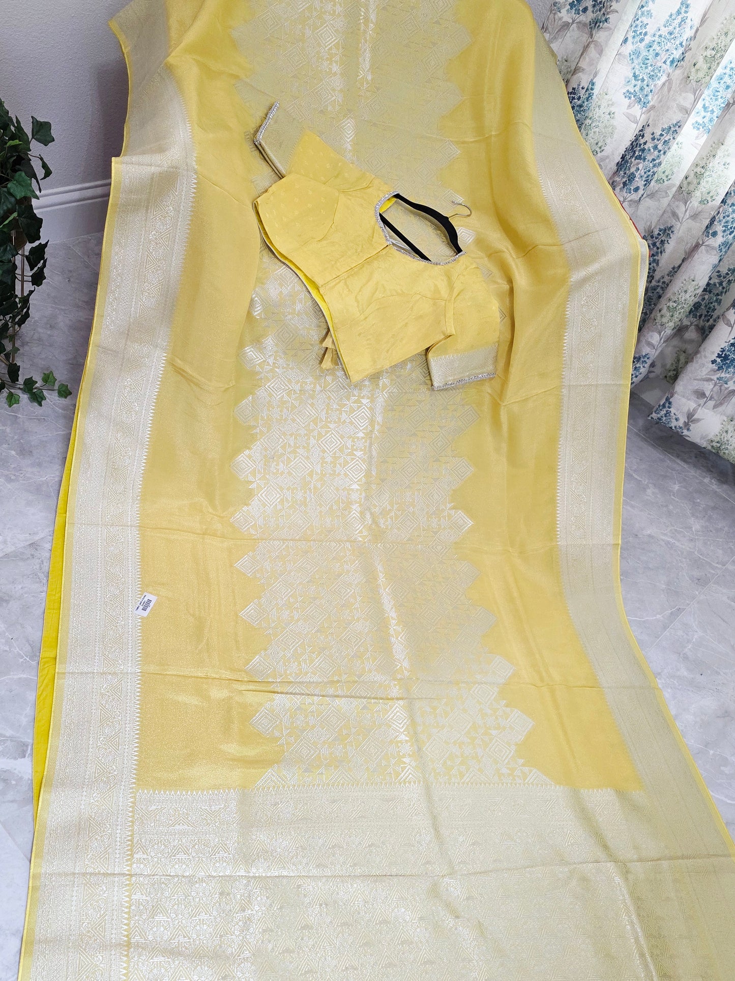 Butter Yellow Geometry Soft Tissue Saree with Stitched Blouse