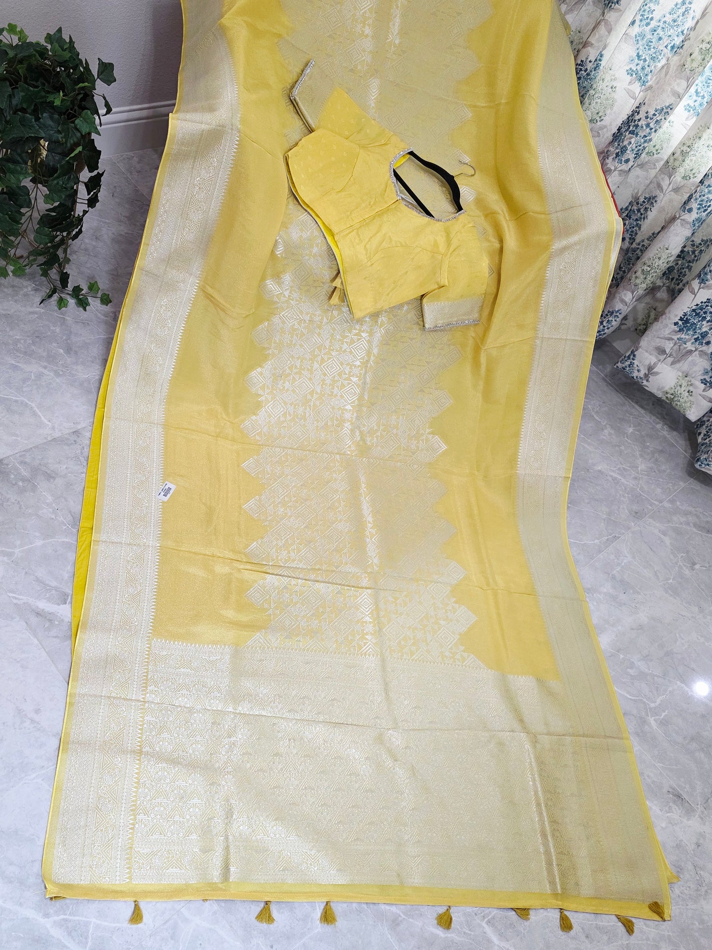 Butter Yellow Geometry Soft Tissue Saree with Stitched Blouse