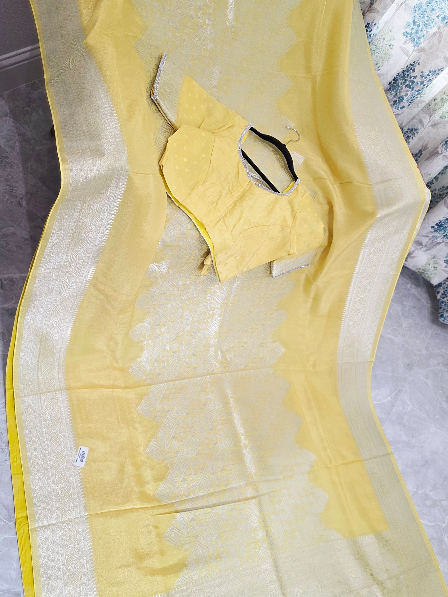 Butter Yellow Geometry Soft Tissue Saree with Stitched Blouse