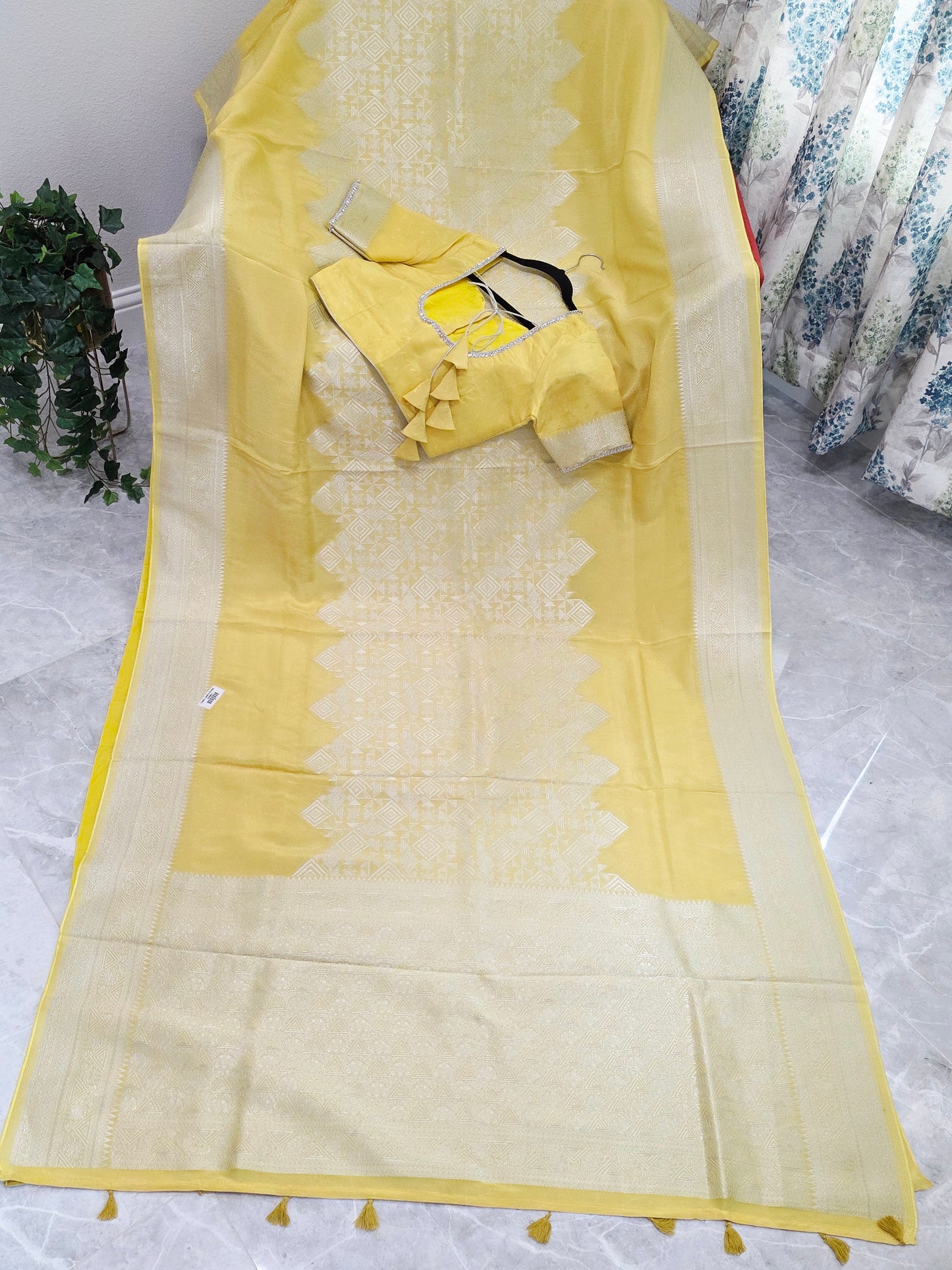 Butter Yellow Geometry Soft Tissue Saree with Stitched Blouse