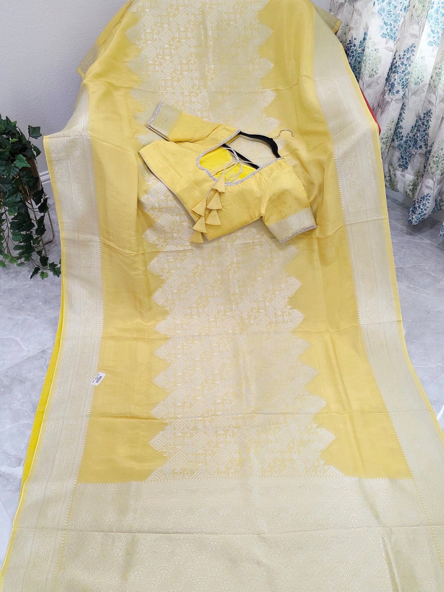 Butter Yellow Geometry Soft Tissue Saree with Stitched Blouse
