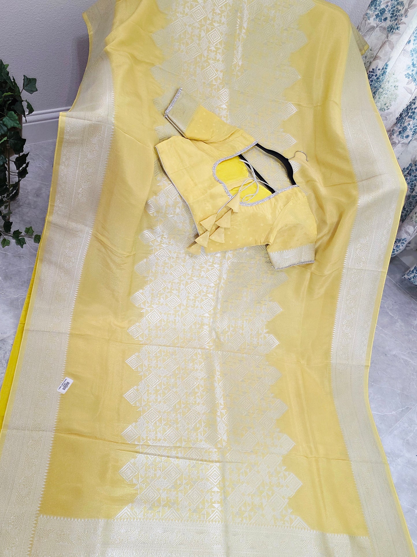 Butter Yellow Geometry Soft Tissue Saree with Stitched Blouse