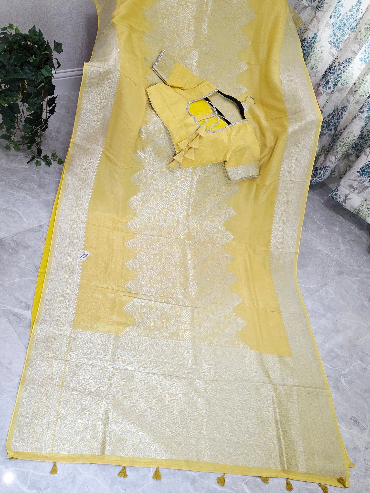 Butter Yellow Geometry Soft Tissue Saree with Stitched Blouse