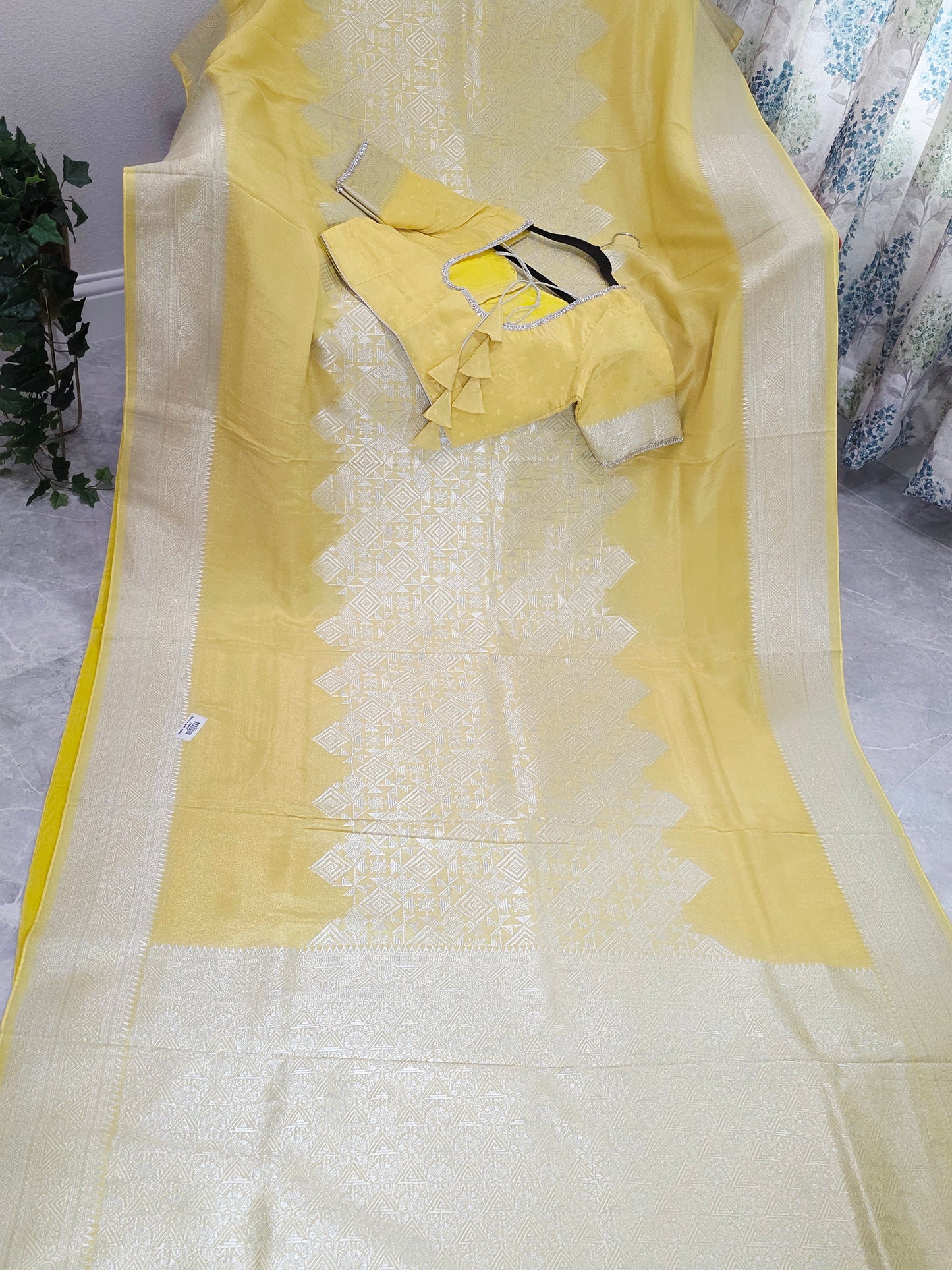 Butter Yellow Geometry Soft Tissue Saree with Stitched Blouse