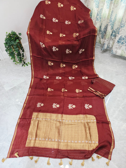 Burnished Maroon & Antique Gold Pure Manipuri Kota Silk Saree with Unstitched Blouse Piece