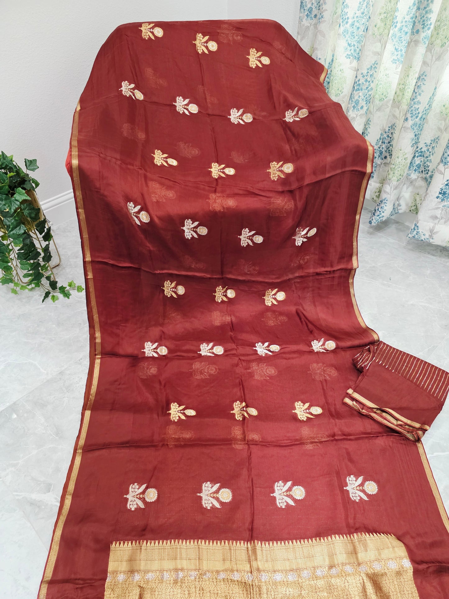 Burnished Maroon & Antique Gold Pure Manipuri Kota Silk Saree with Unstitched Blouse Piece