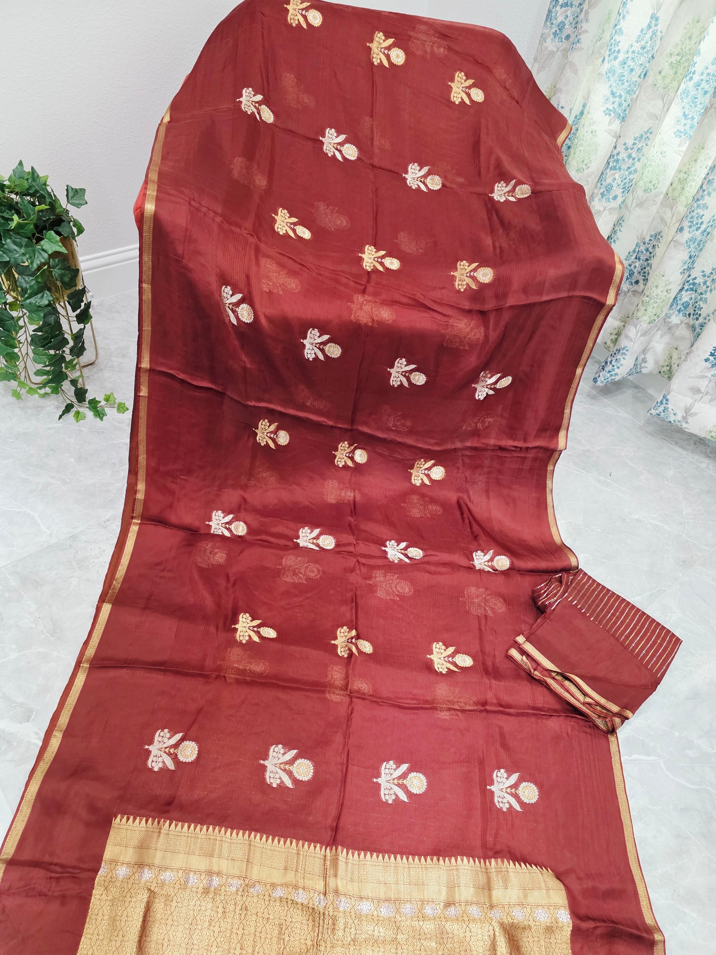Burnished Maroon & Antique Gold Pure Manipuri Kota Silk Saree with Unstitched Blouse Piece