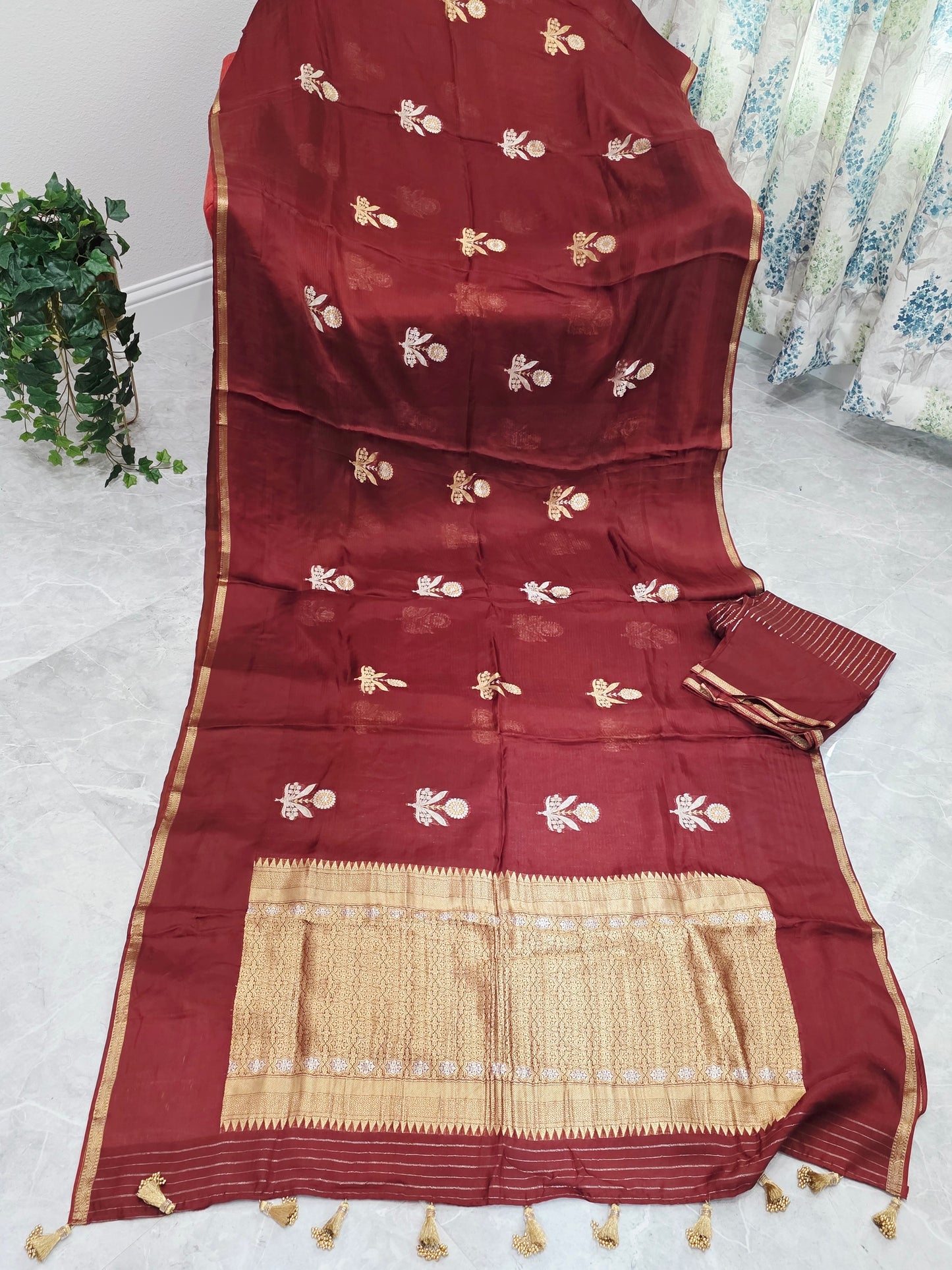 Burnished Maroon & Antique Gold Pure Manipuri Kota Silk Saree with Unstitched Blouse Piece
