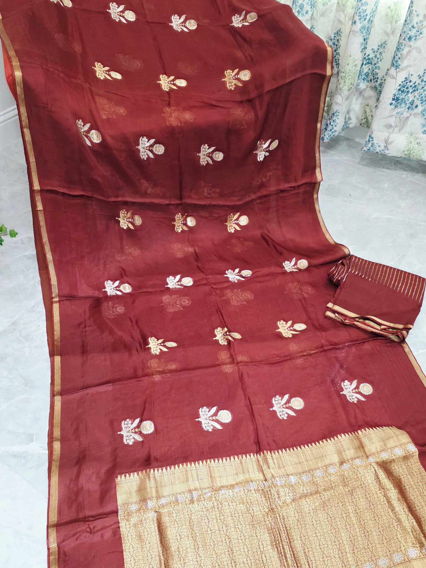 Burnished Maroon & Antique Gold Pure Manipuri Kota Silk Saree with Unstitched Blouse Piece