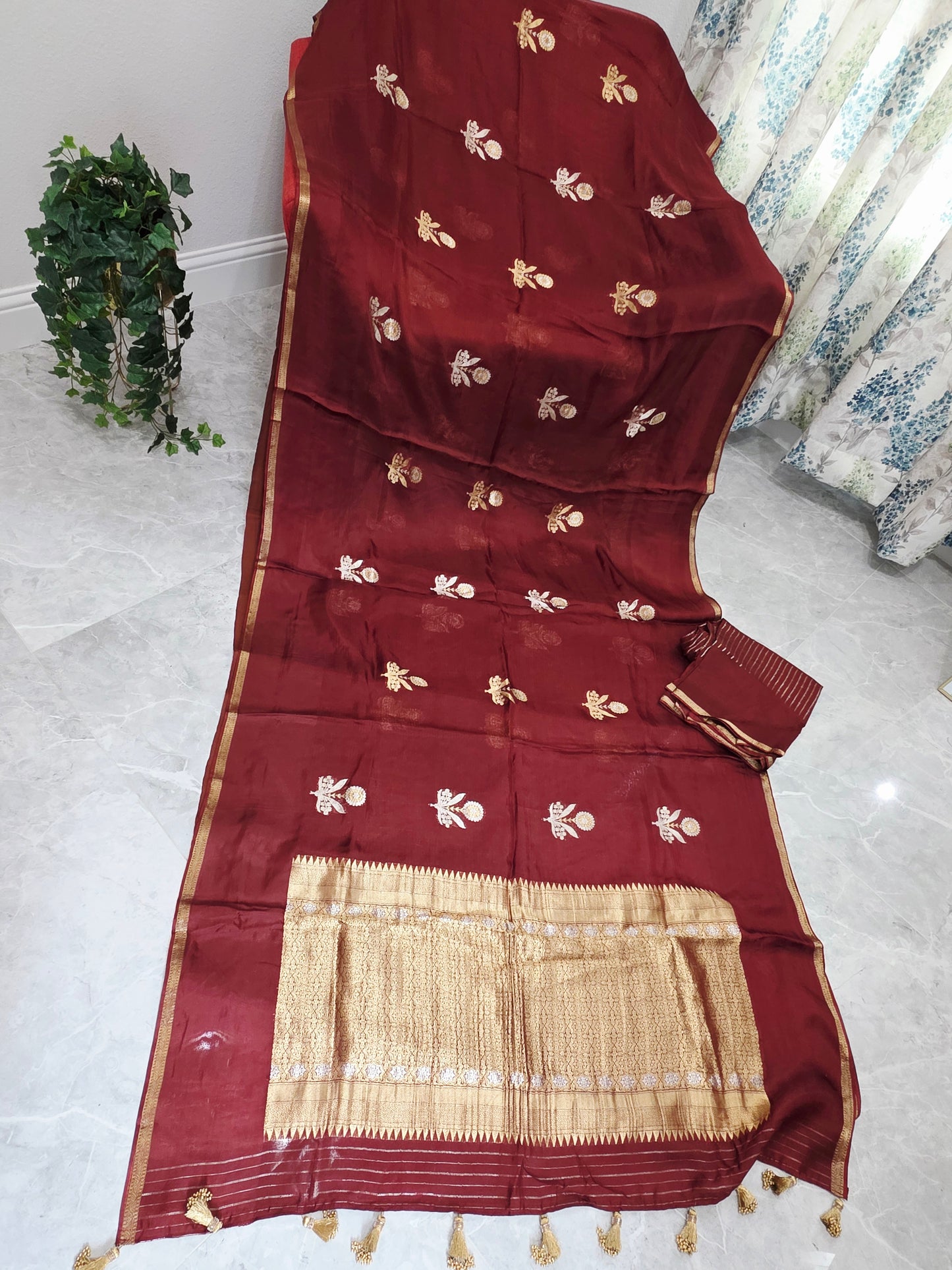 Burnished Maroon & Antique Gold Pure Manipuri Kota Silk Saree with Unstitched Blouse Piece