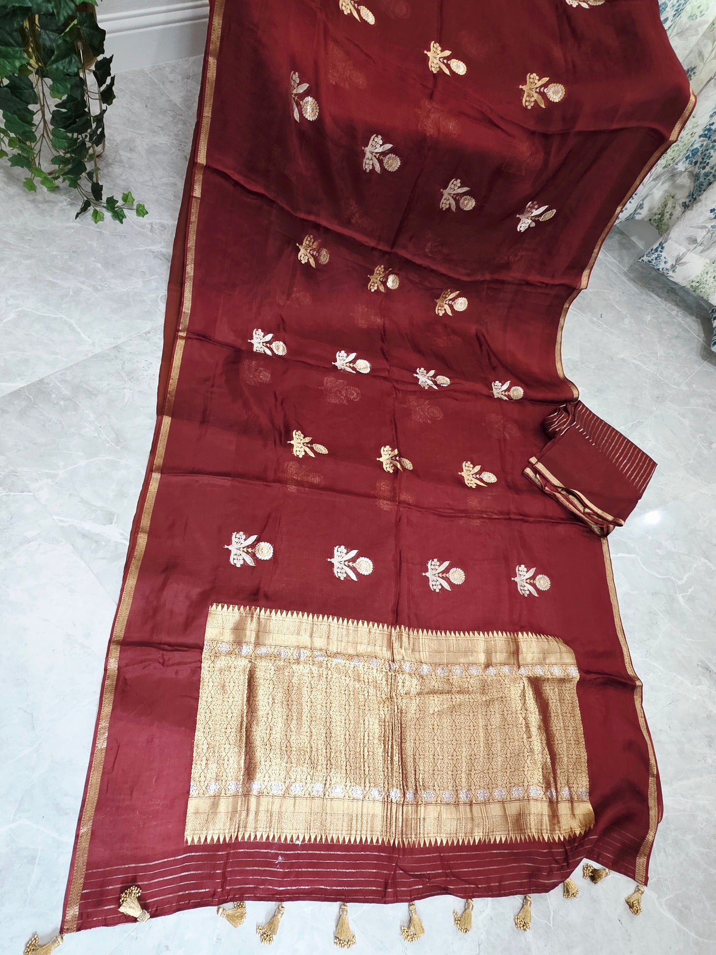 Burnished Maroon & Antique Gold Pure Manipuri Kota Silk Saree with Unstitched Blouse Piece