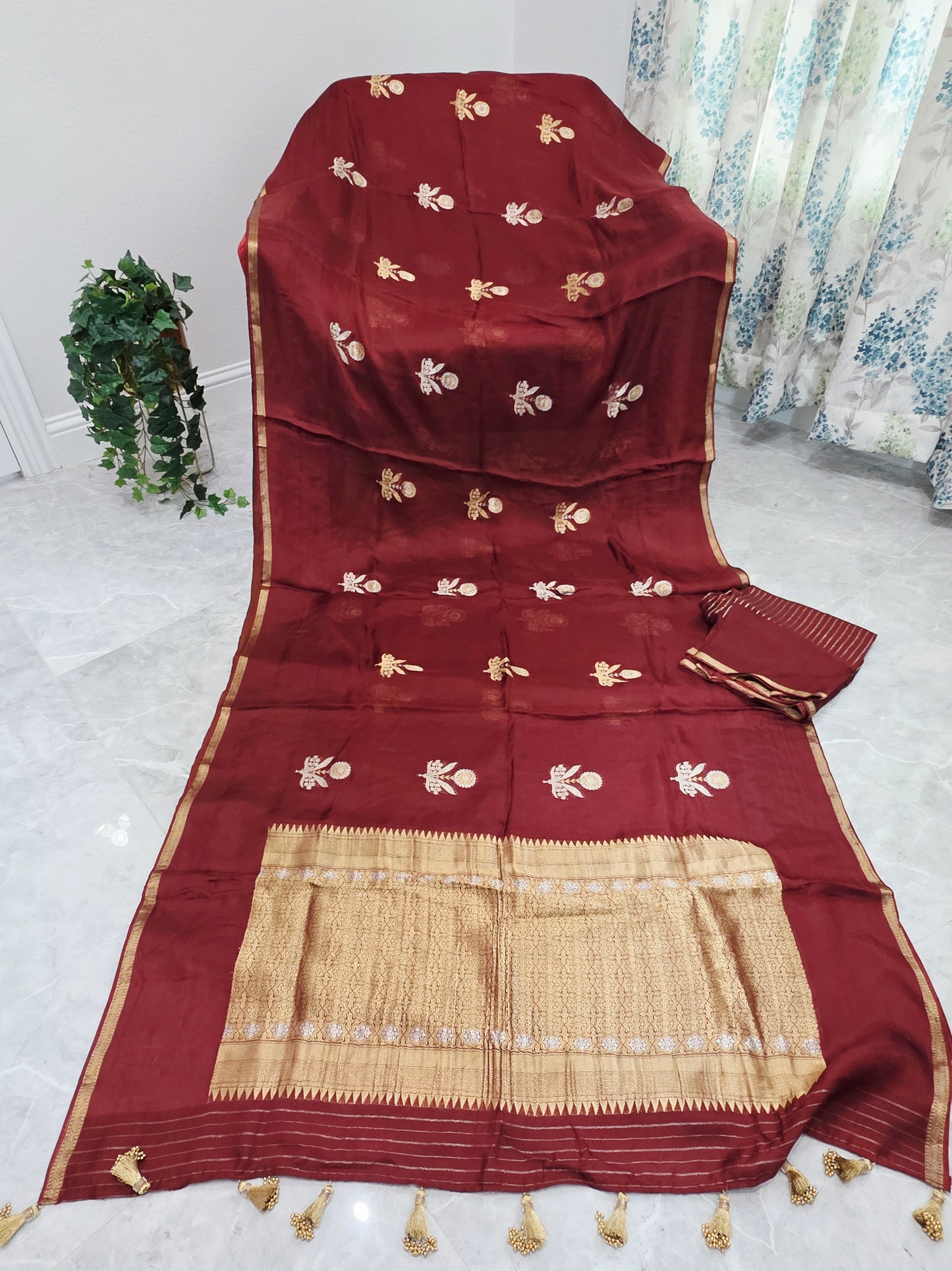 Burnished Maroon & Antique Gold Pure Manipuri Kota Silk Saree with Unstitched Blouse Piece
