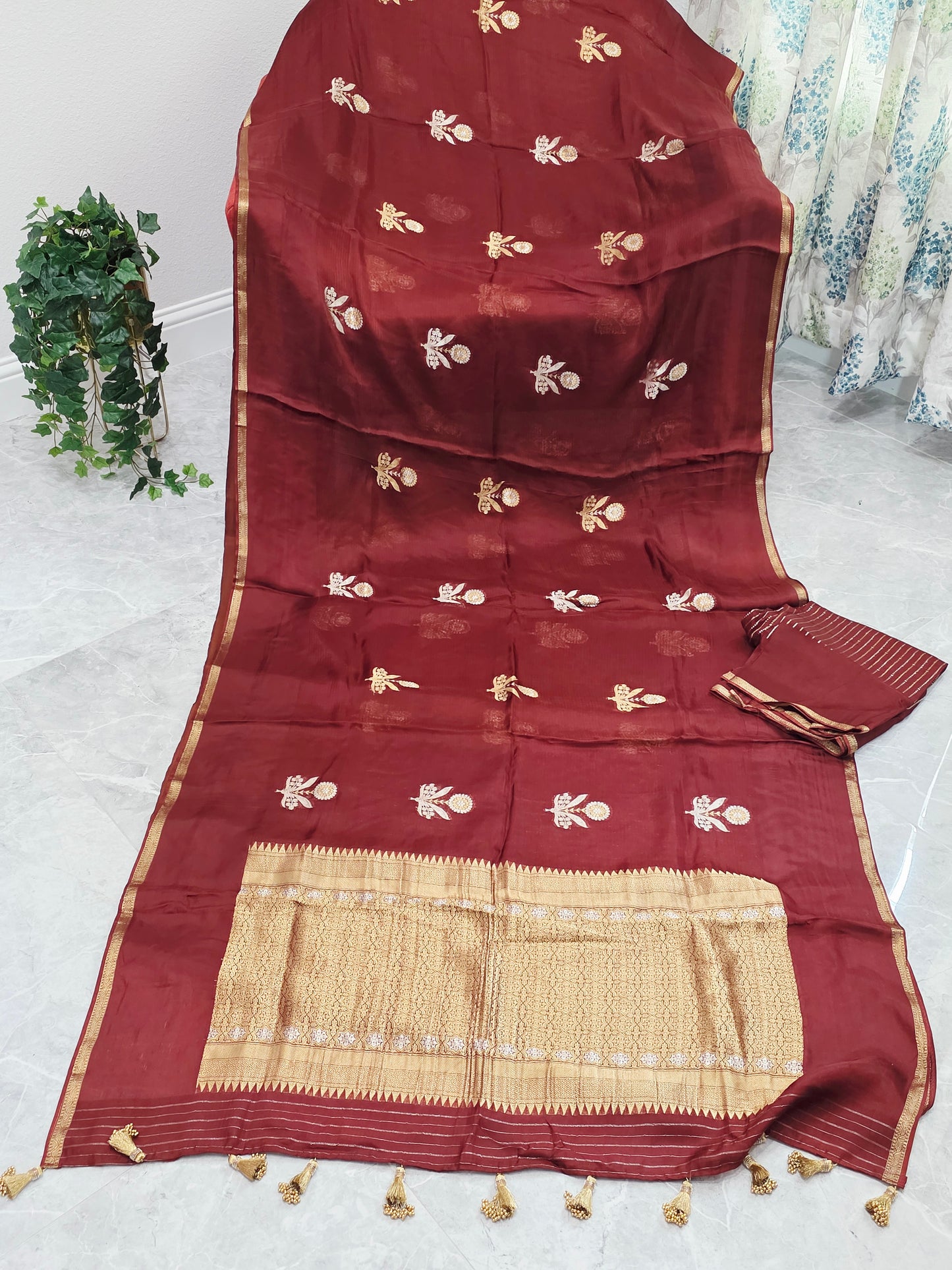 Burnished Maroon & Antique Gold Pure Manipuri Kota Silk Saree with Unstitched Blouse Piece