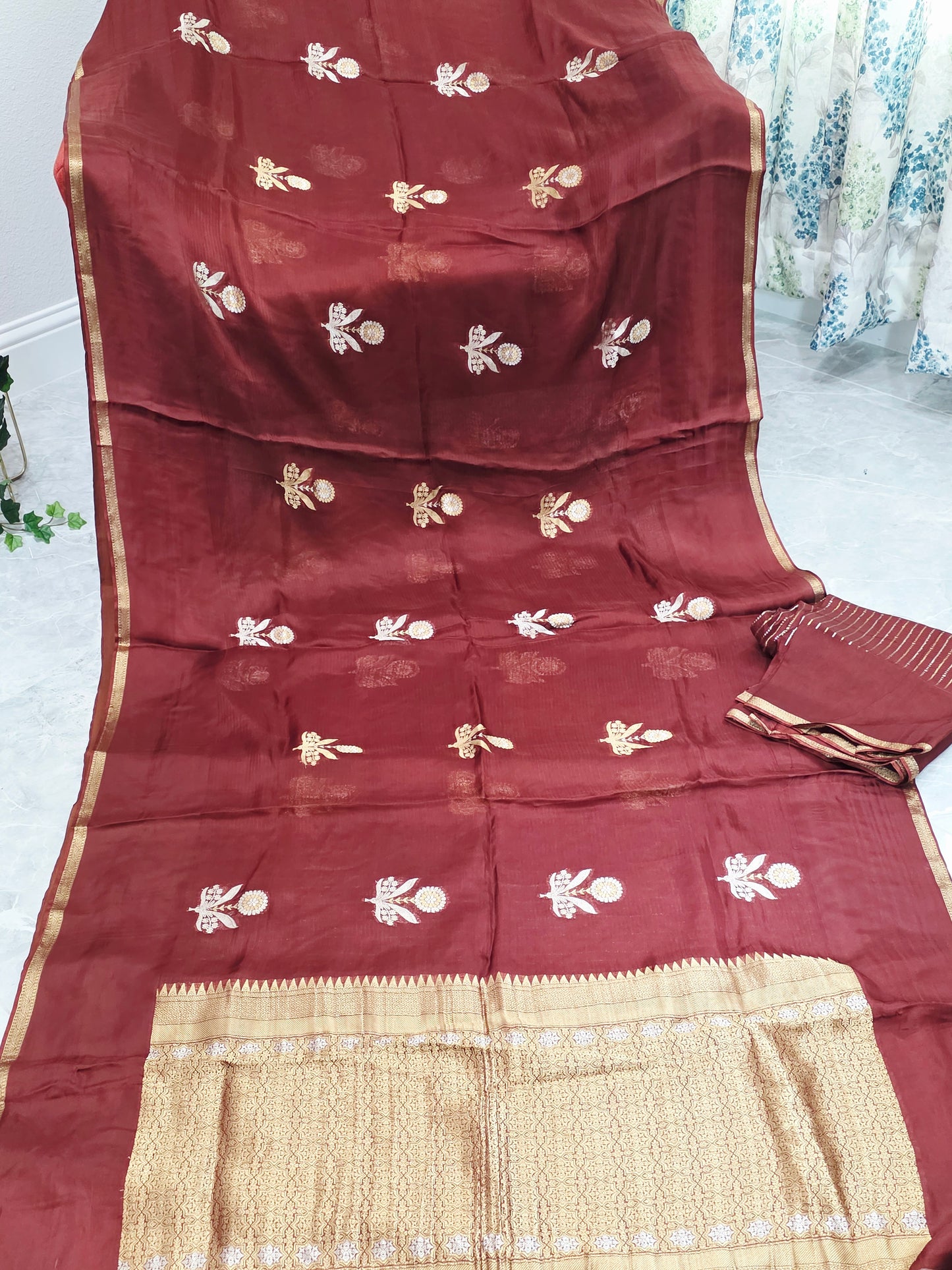 Burnished Maroon & Antique Gold Pure Manipuri Kota Silk Saree with Unstitched Blouse Piece