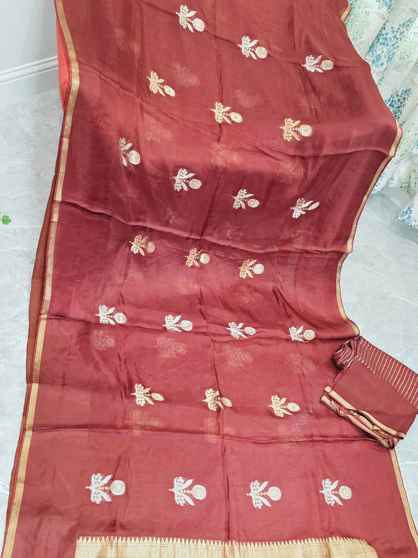 Burnished Maroon & Antique Gold Pure Manipuri Kota Silk Saree with Unstitched Blouse Piece