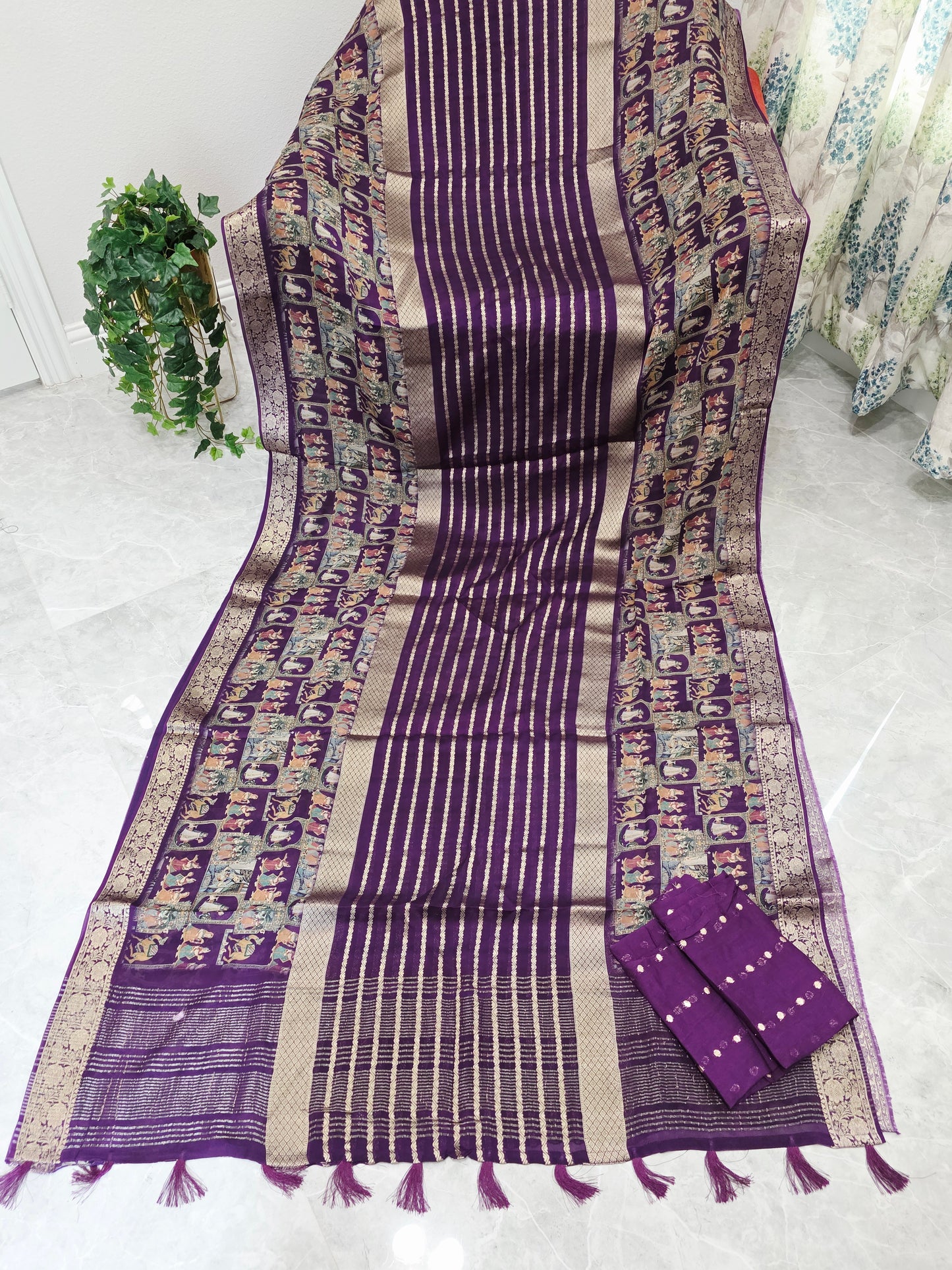 Royal Plum Purple Designer Georgette Crepe Silk Saree with Unstitched Blouse
