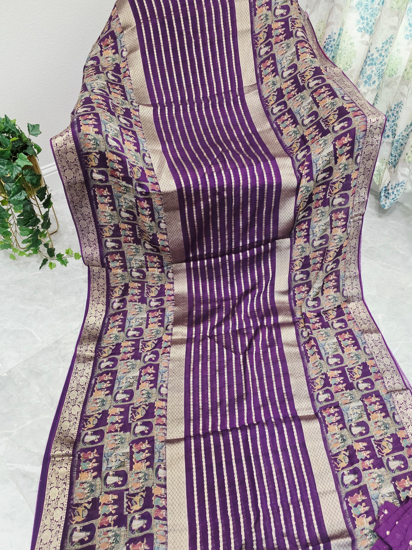 Royal Plum Purple Designer Georgette Crepe Silk Saree with Unstitched Blouse