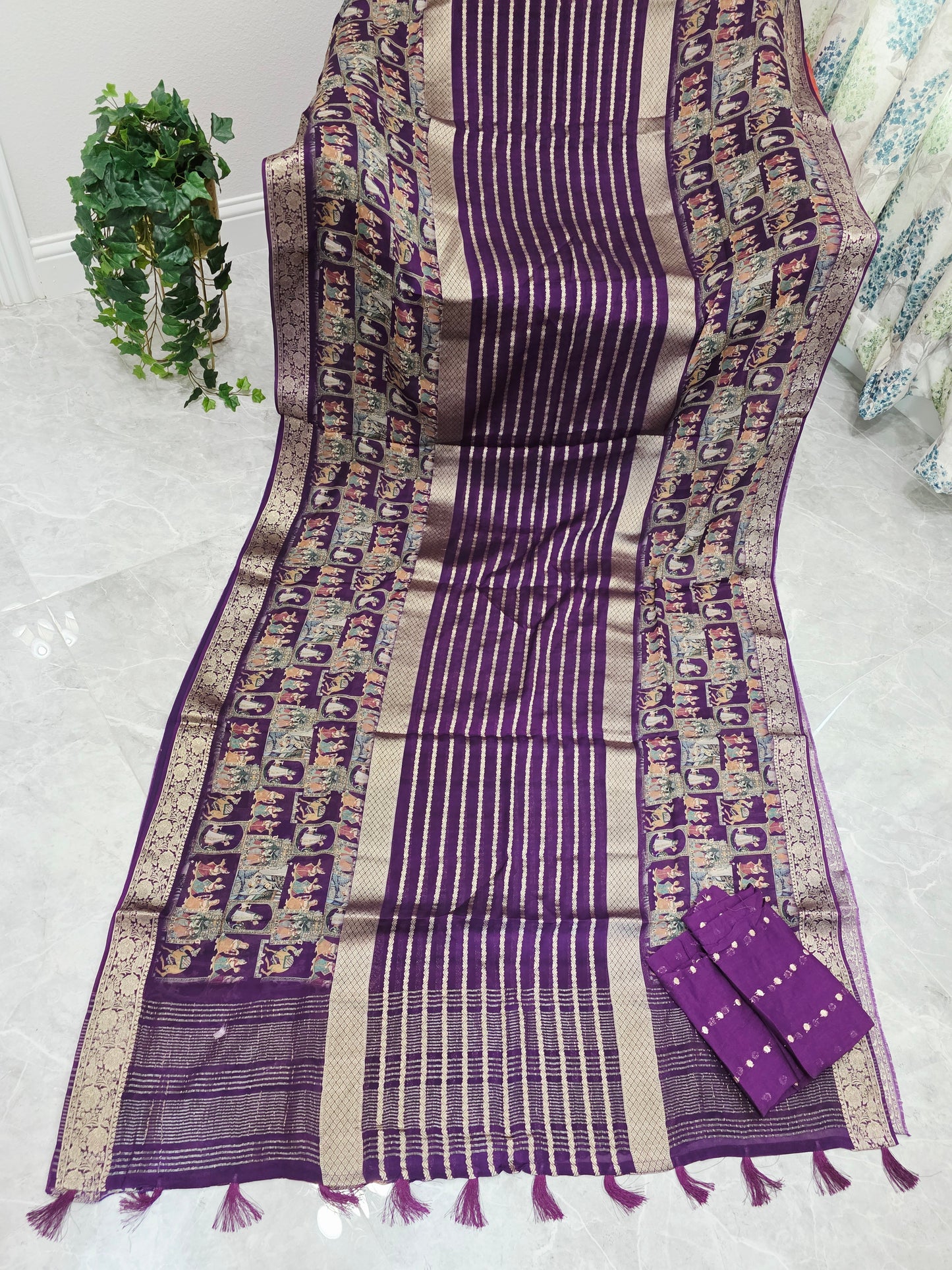 Royal Plum Purple Designer Georgette Crepe Silk Saree with Unstitched Blouse