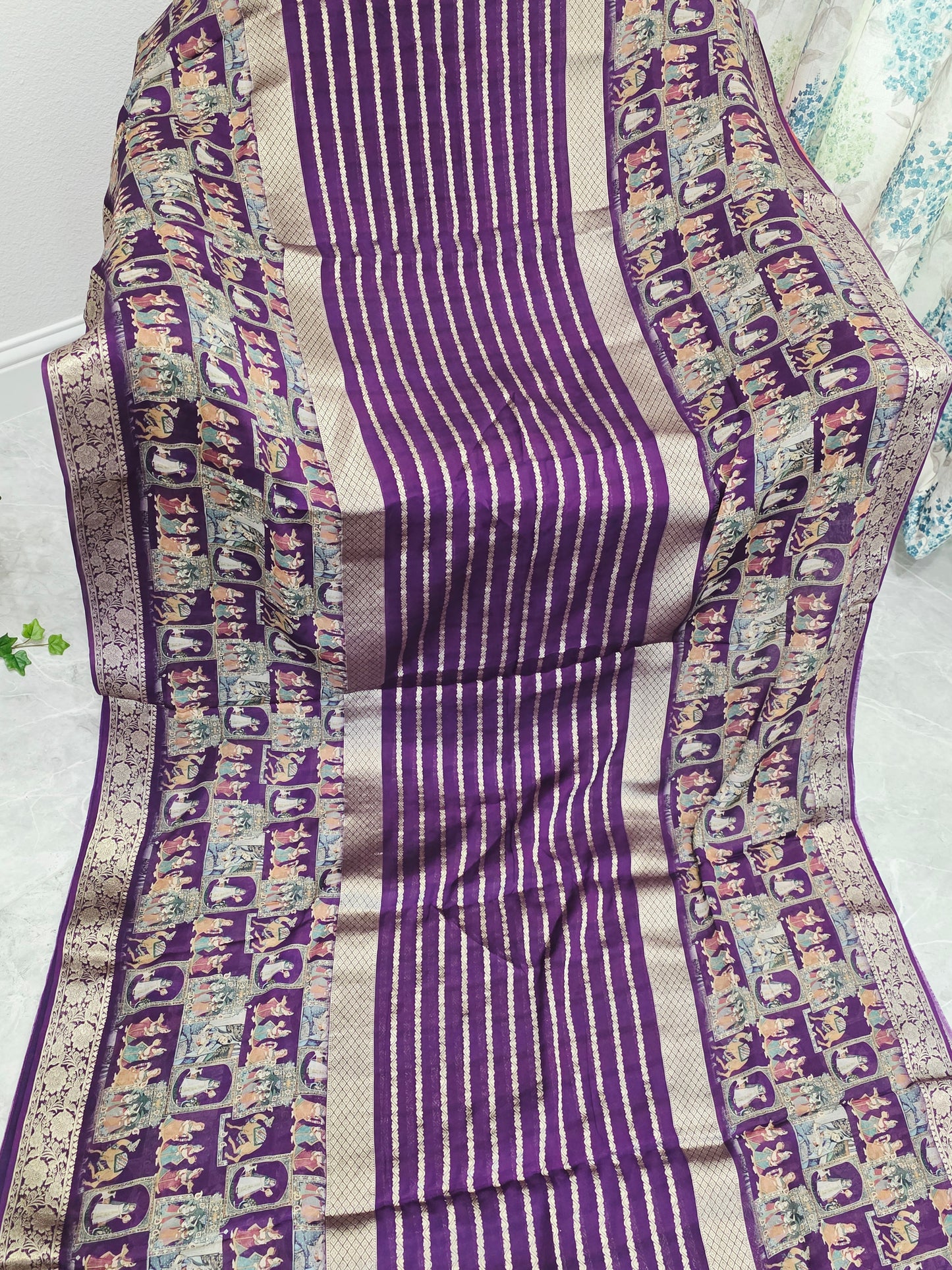 Royal Plum Purple Designer Georgette Crepe Silk Saree with Unstitched Blouse