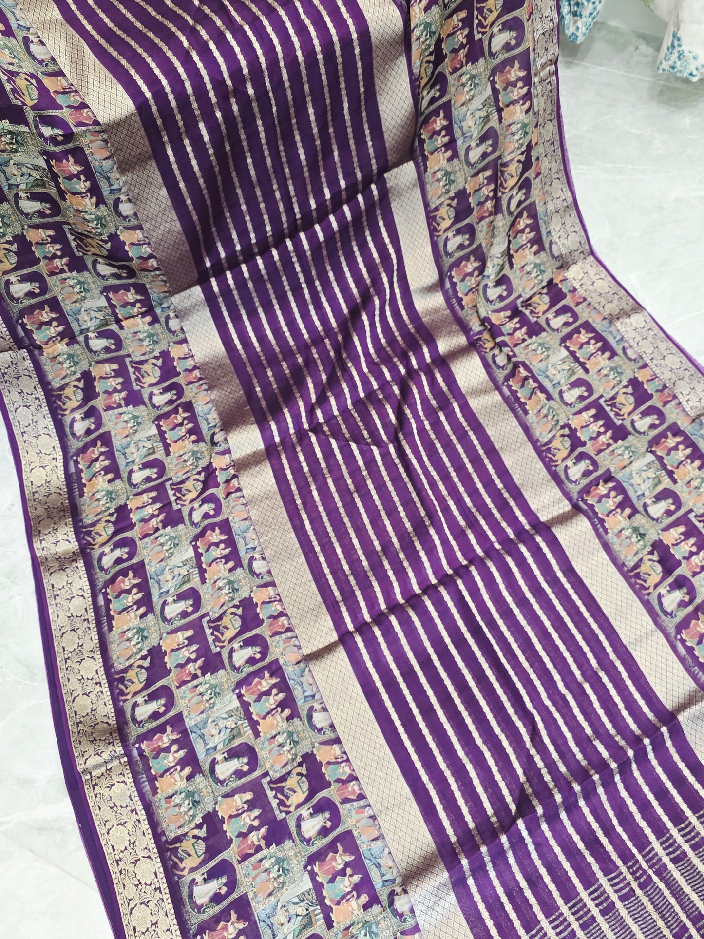 Royal Plum Purple Designer Georgette Crepe Silk Saree with Unstitched Blouse