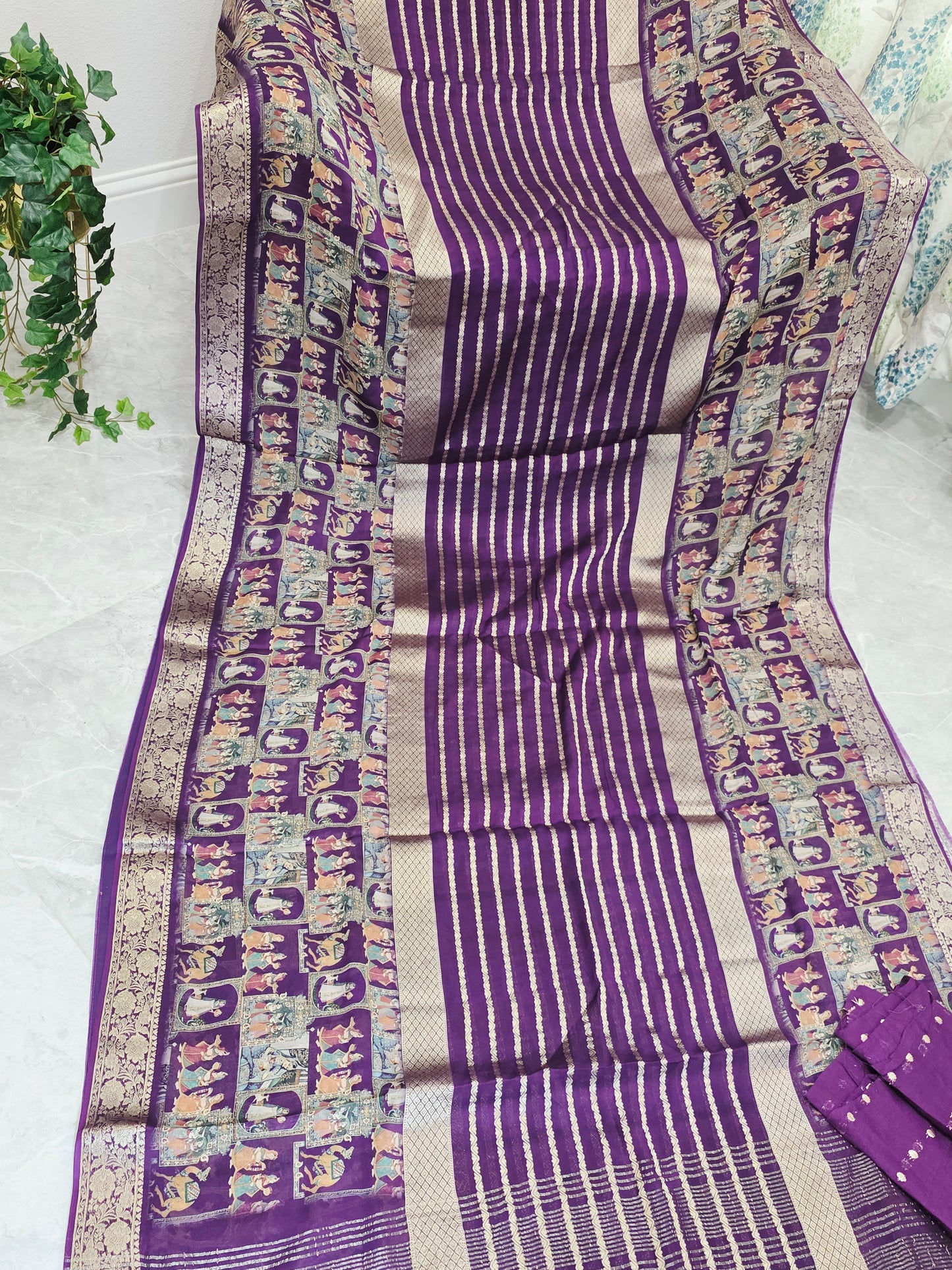 Royal Plum Purple Designer Georgette Crepe Silk Saree with Unstitched Blouse
