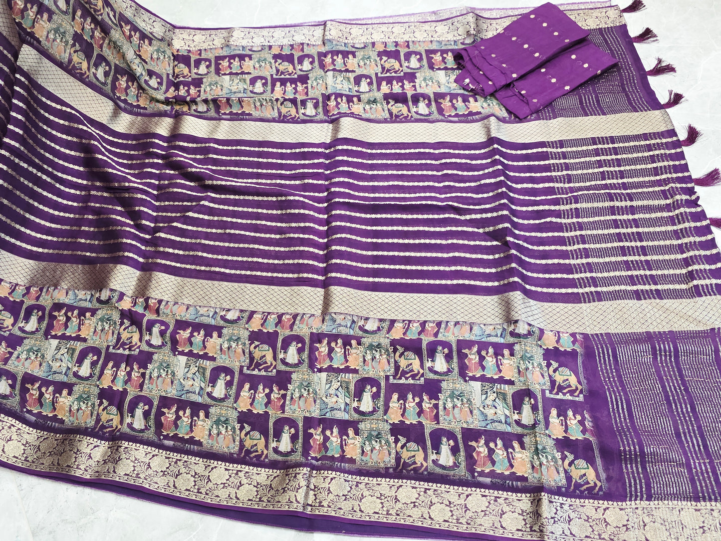 Royal Plum Purple Designer Georgette Crepe Silk Saree with Unstitched Blouse