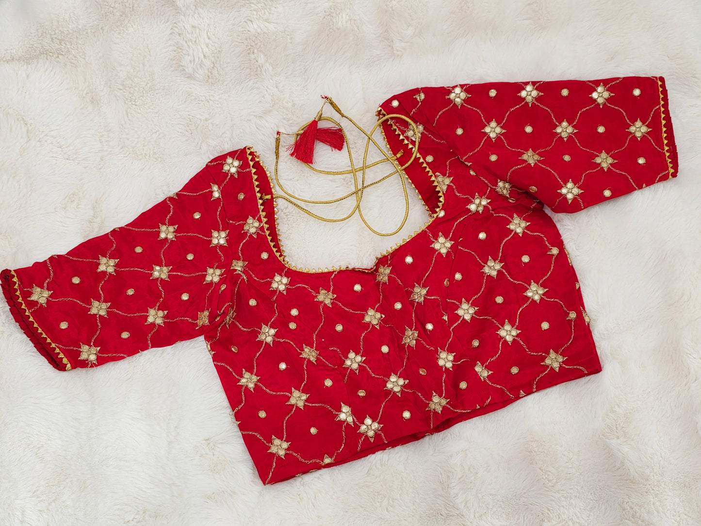 Ruby Red Crepe Silk Gota Patti Designer Blouse with Floral Lattice Work