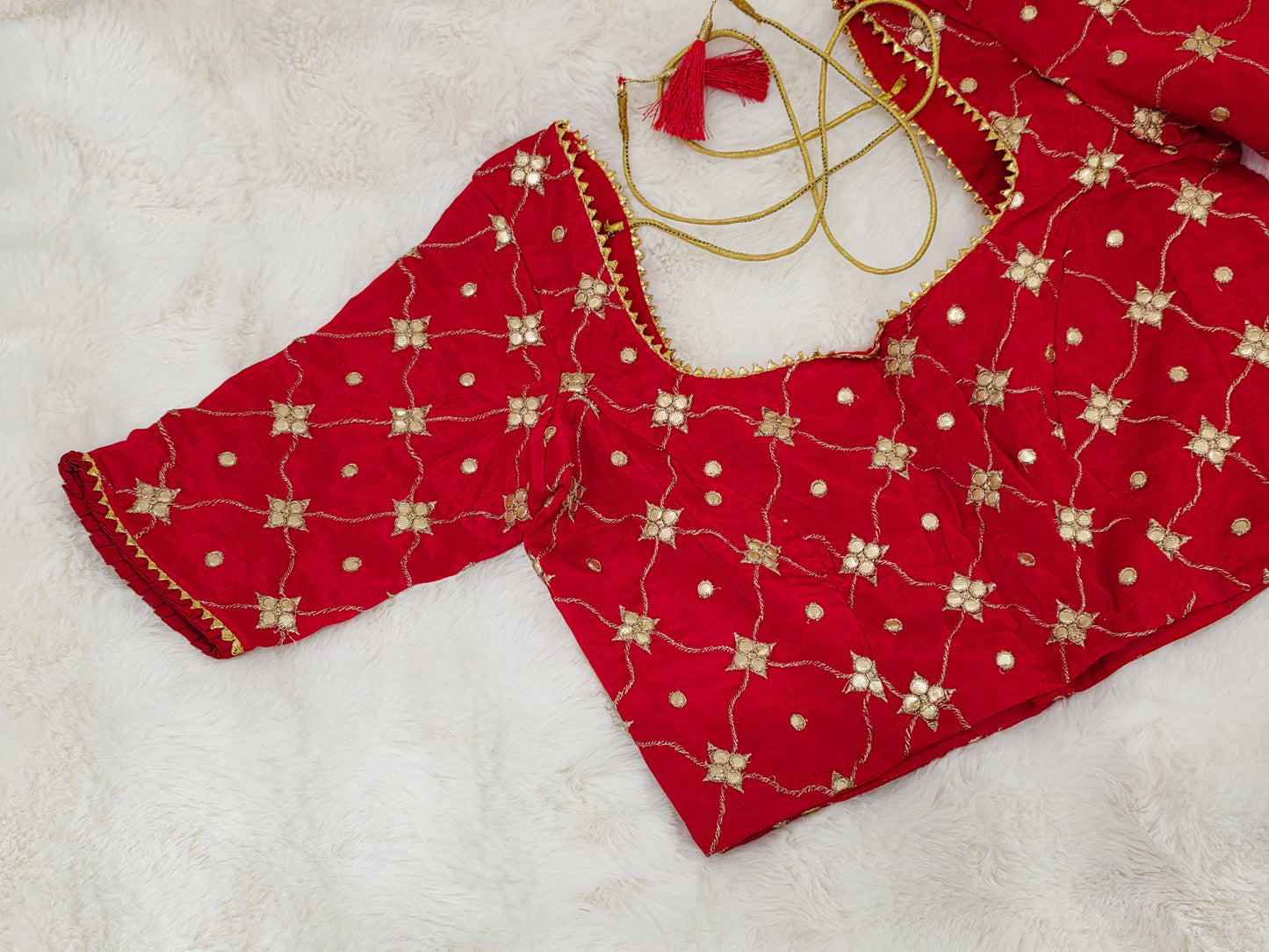 Ruby Red Crepe Silk Gota Patti Designer Blouse with Floral Lattice Work