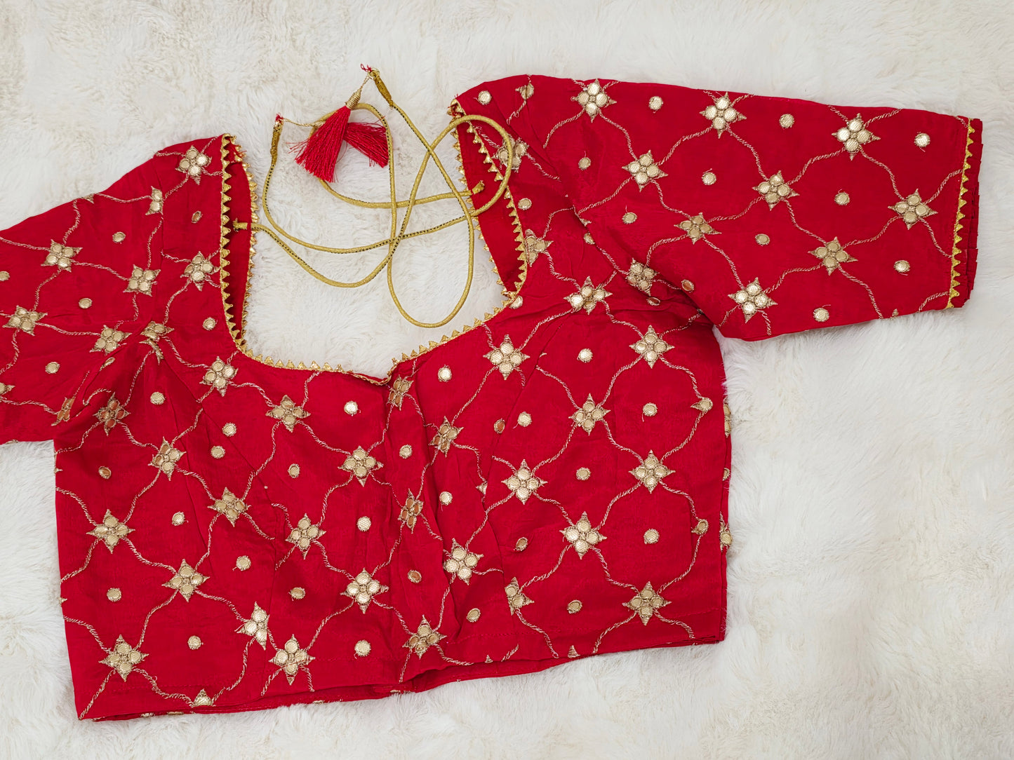 Ruby Red Crepe Silk Gota Patti Designer Blouse with Floral Lattice Work