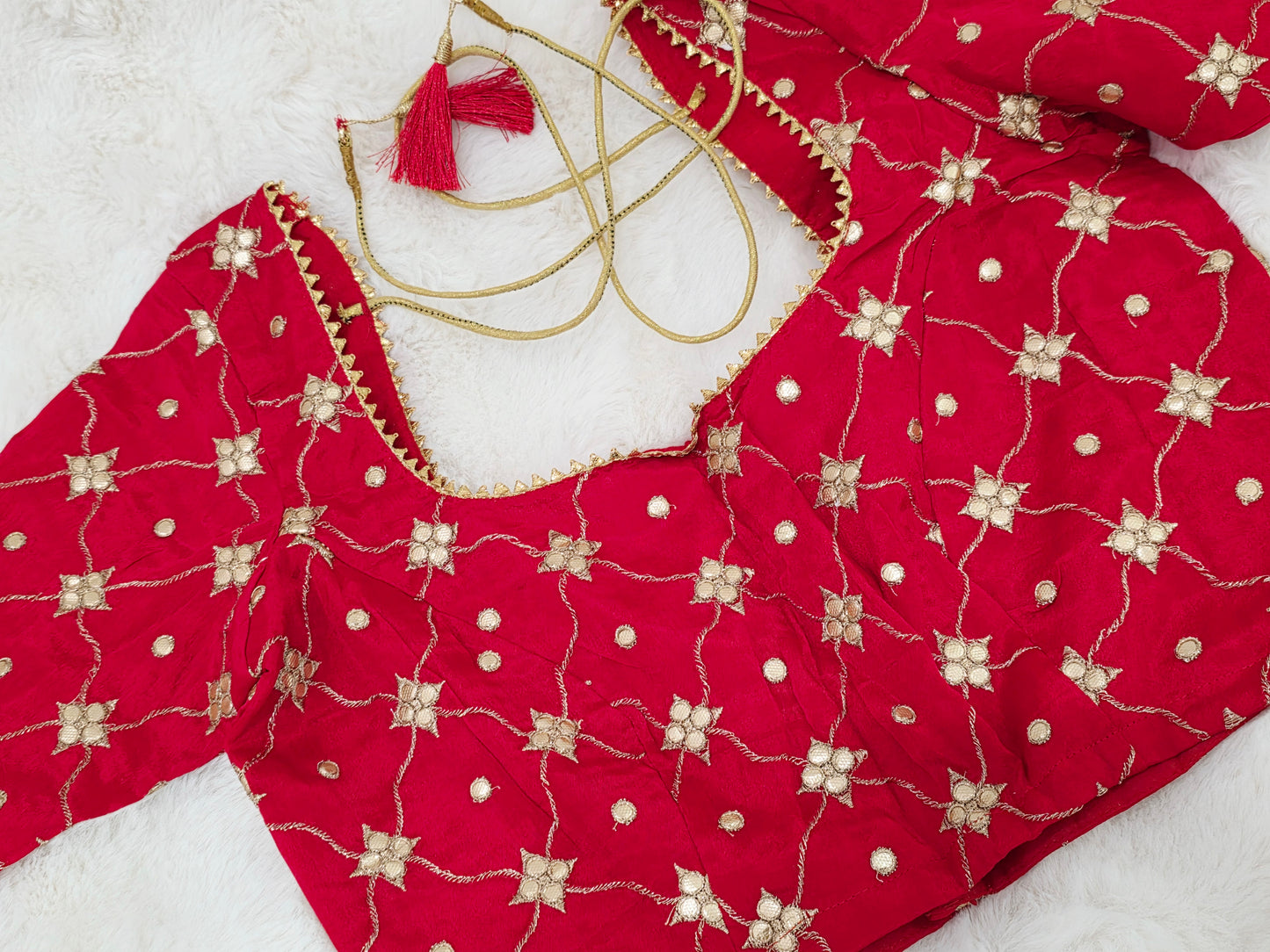 Ruby Red Crepe Silk Gota Patti Designer Blouse with Floral Lattice Work